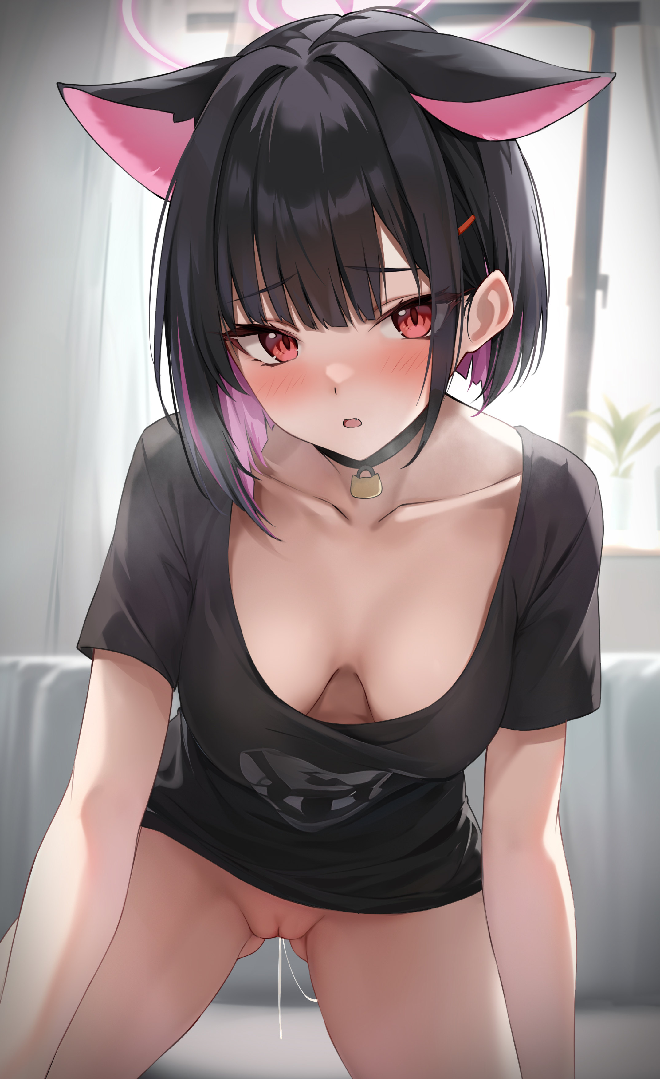 1girl, after sex, after vaginal, all fours, alternate costume, animal ears, black choker, black hair, black shirt, blue archive, blush, bottomless, breasts, cat ears, choker, cleavage, cleft of venus, clothing, collarbone, colored inner hair, cum, cum in pussy, cumdrip, downblouse, extra ears, female, hair ornament, hairclip, halo, hanging breasts, indoors, kazusa (blue archive), kyouyama kazusa, looking at viewer, marisasu (marisa0904), medium breasts, multicolored hair, naked shirt, open mouth, parted lips, pink eyes, pink hair, pink halo, pussy, pussy juice, pussy juice trail, red eyes, shirt, short hair, short sleeves, solo, t-shirt, two-tone hair, vagina