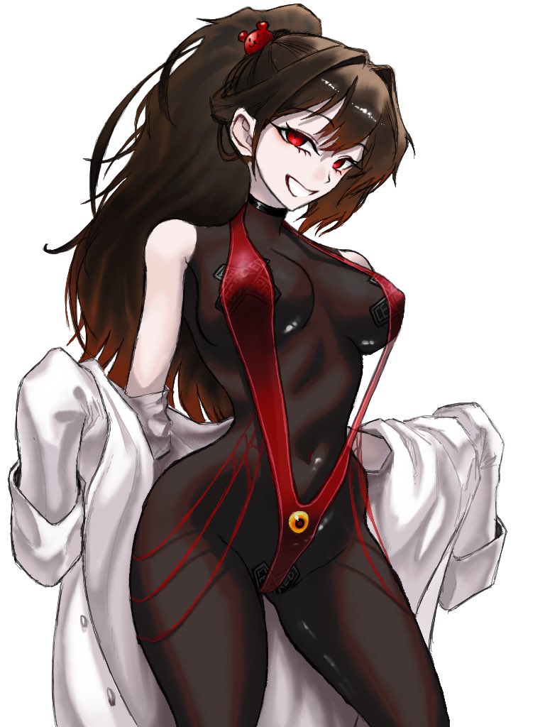 1girl, 2d, alternate costume, alternate version available, artist request, bear hair ornament, black bodysuit, black choker, bodysuit, bottomless, brown hair, carmen (lobotomy corporation), coat partially removed, color, colored, covered nipples, covered pussy, curvy, curvy female, curvy figure, digital media (artwork), female, female focus, female only, hair ornament, hair up, head tilt, highres, hourglass figure, innie belly button, labcoat, large breasts, large hips, large thighs, latex bodysuit, library of ruina, limbus company, lobotomy corporation, long hair, long hair female, long haired female, middle part, nipple pasties, no visible genitalia, one-piece swimsuit, pale skin, pale-skinned female, pasties, ponytail, project moon, red eyes, red hair ornament, red sling bikini, red slingshot swimsuit, red swimsuit, simple background, skinny arms, skinny female, slender waist, smiling, smiling at viewer, smirk, smirking at viewer, solo, solo female, solo focus, taped nipples, thin arms, thin female, thin waist, three-quarter portrait, tied hair, white background, wide hips