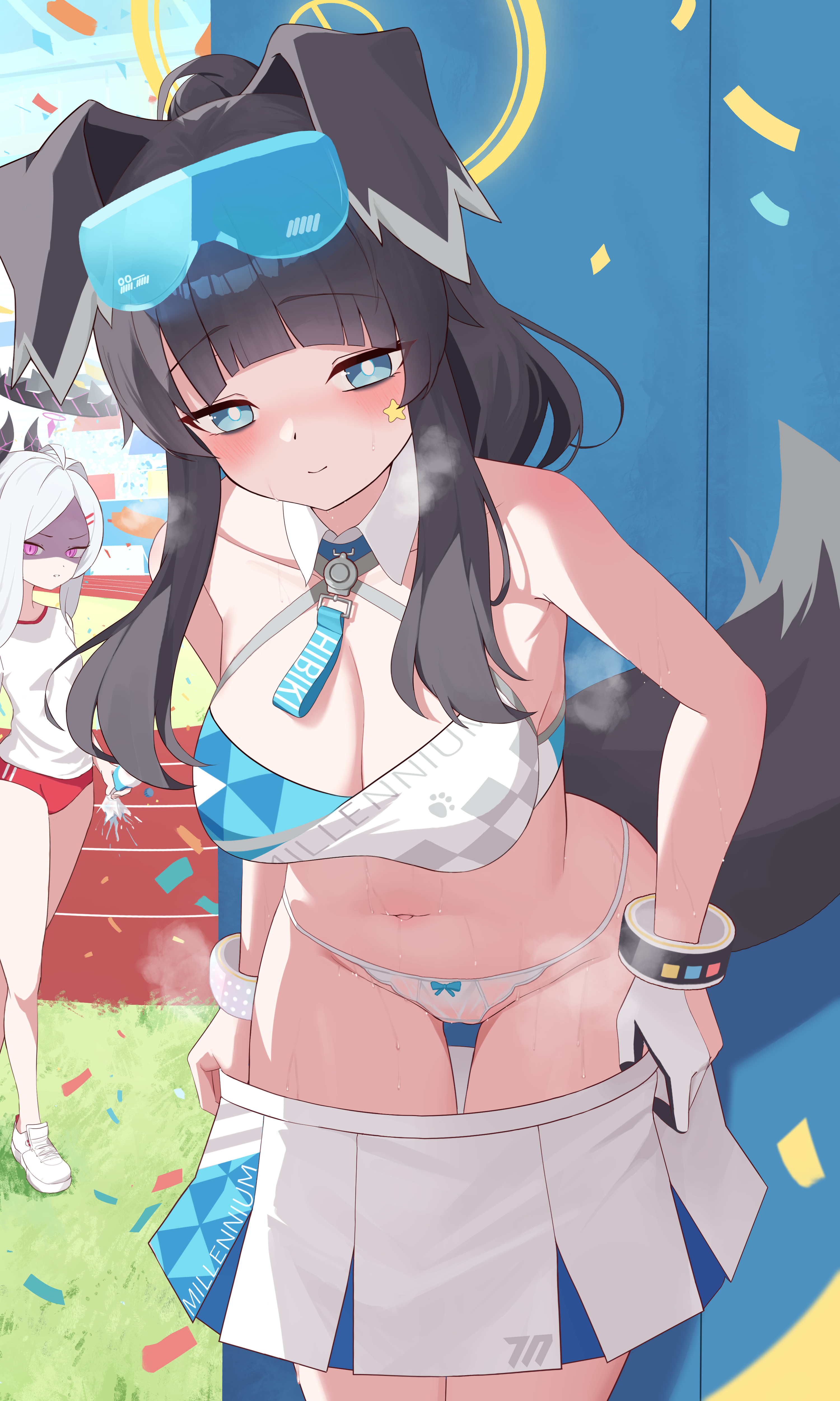 1girls, 2girls, absurdres, animal ears, bangle, bare shoulders, belly button, black hair, blue archive, blue eyes, blush, bow, bow panties, bracelet, breasts, buruma, cheerleader, cleavage, clothes pull, confetti, dog ears, dog girl, dog tail, eyewear on head, female, female focus, gym shirt, gym uniform, halo, hibiki (blue archive), hibiki (cheer squad) (blue archive), high resolution, highres, hina (blue archive), hot, jewelry, jixo (user nzhc8728), large breasts, leaning, leaning forward, long hair, looking at viewer, millennium cheerleader outfit (blue archive), multiple girls, navel, official alternate costume, panties, pulling own clothes, red buruma, shaded face, shirt, skirt, skirt pull, smile, sports bra, standing, stomach, sweat, sweatdrop, sweaty, sweaty clothes, tail, thighs, underwear, undressing, very sweaty, wet, wet panties, white panties