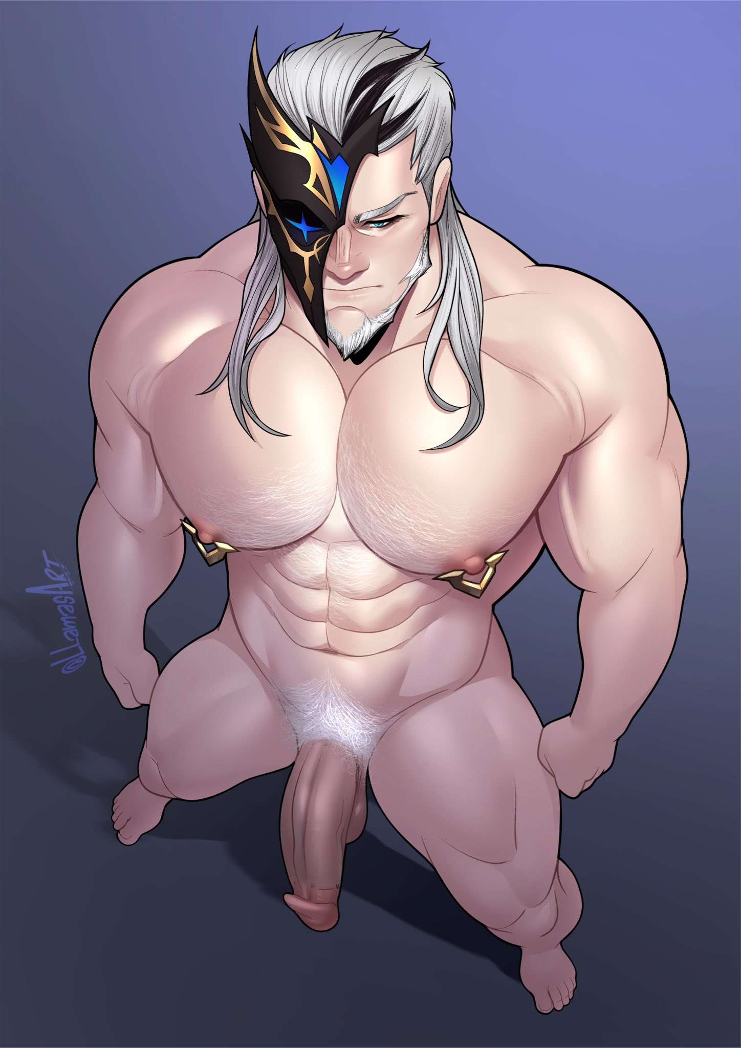 abs, balls, bara, biceps, big balls, big penis, blue eyes, daddy, dilf, genshin impact, llamasart, male, male nipples, male only, manly, mask, mature male, muscular male, nipples, nude, pecs, penis, pierro (genshin impact), white hair