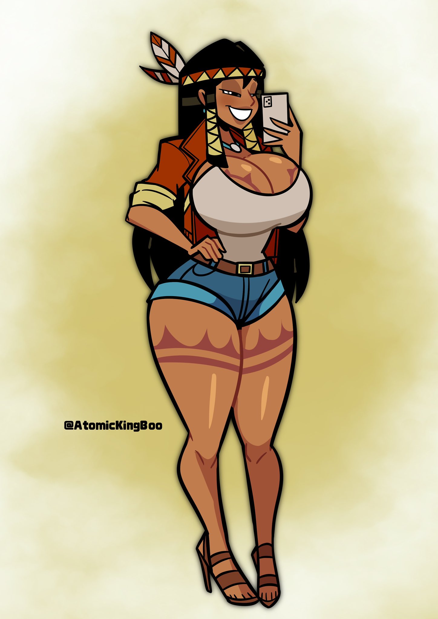 1girls, 2026, 2d, 2d (artwork), 2d artwork, artist name, ass, atomickingboo, belt, bethany hummingbird, big ass, big breasts, black hair, black hair female, black-haired female, breast tattoo, breasts, cell phone, cellphone, clothed, clothed female, clothing, digital media (artwork), feathered headdress, female, female only, fully clothed, fully clothed female, hand on hip, headdress, heeled sandals, holding, holding cellphone, holding object, holding phone, jacket, leg tattoo, native american, native american female, native american headdress, necklace, oc, original, original character, phone, redesign, sandals, selfie, short shorts, shorts, solo, taking picture, taking selfie, tan body, tan skin, tan-skinned female, tattoo, tattoo on breast, tattoo on legs, tattooed breast, tattoos, thick thighs, thighs, tribal, tribal markings, tribal tattoo, tribal tattoos, tube top, tubetop