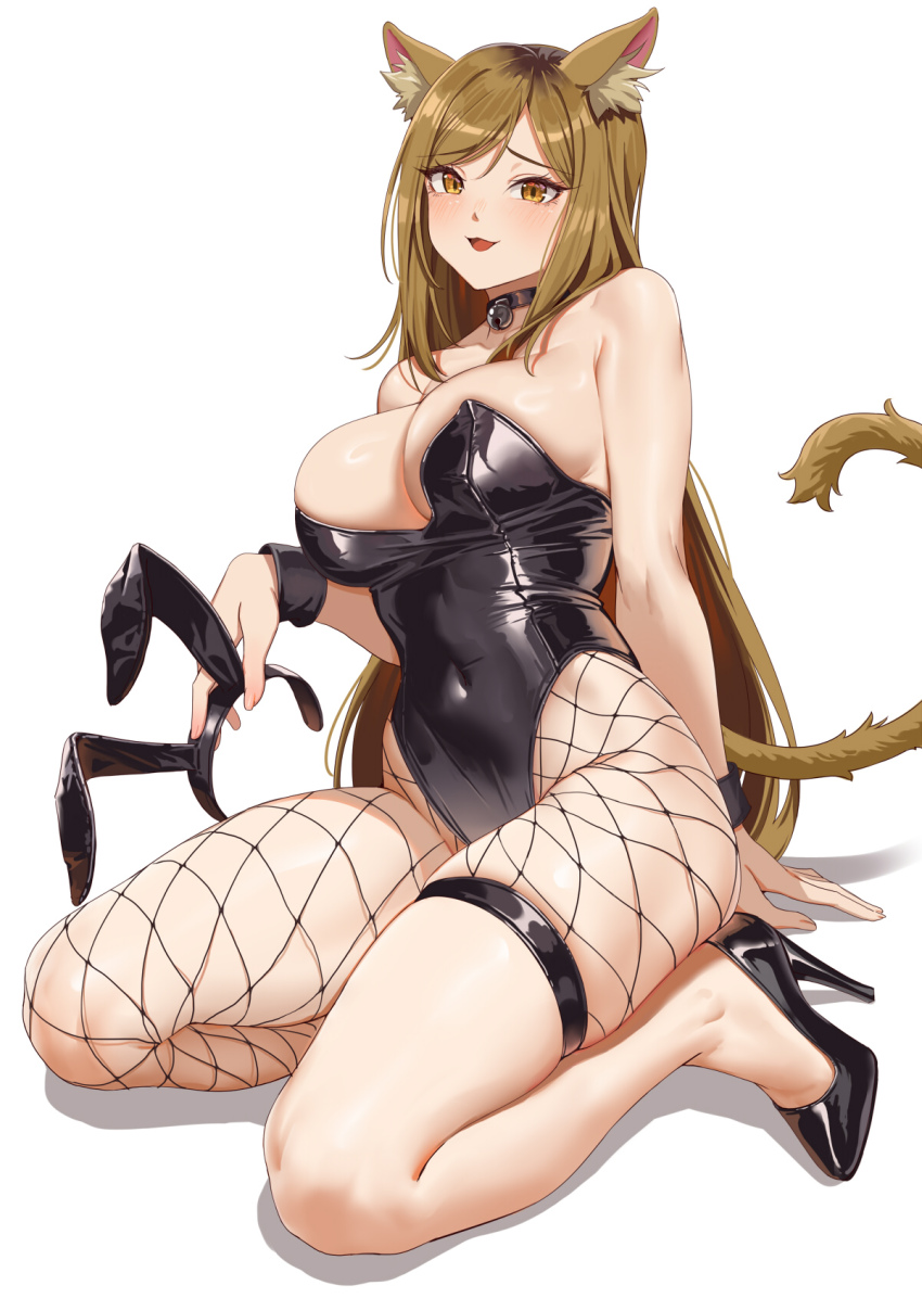 1girl, alternate costume, animal ear fluff, animal ears, bare shoulders, bell, black choker, black hairband, black leotard, blush, breasts, brown hair, bunny ears, bunnysuit, cat ears, cat girl, cat tail, choker, covered navel, fishnets, hairband, highleg, highleg leotard, highres, holding, holding hairband, kansai neko (yani neko), kneeling, large breasts, leotard, long hair, looking at viewer, neck bell, nishi kaoruko, open mouth, simple background, smile, solo, tail, thighs, unworn hairband, white background, yani neko, yellow eyes