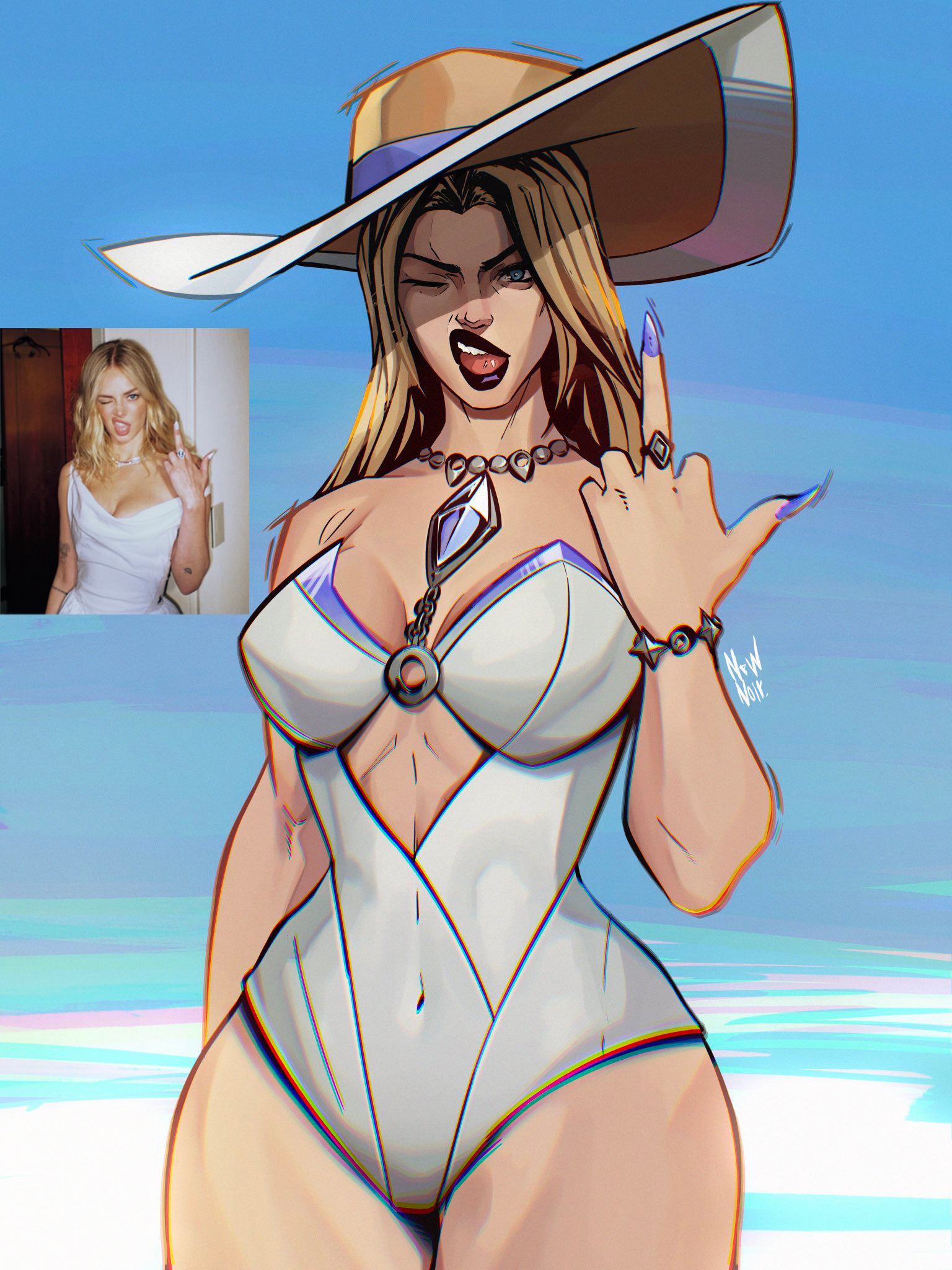 2d, big breasts, blonde hair, celebrity, emma frost, emma frost (marvel rivals), emma frost (white wave queen), female, female only, flipping off, flipping viewer off, marvel, marvel rivals, reference image, samara weaving, solo, solo female, standing, swimsuit, thick thighs, tongue, wink