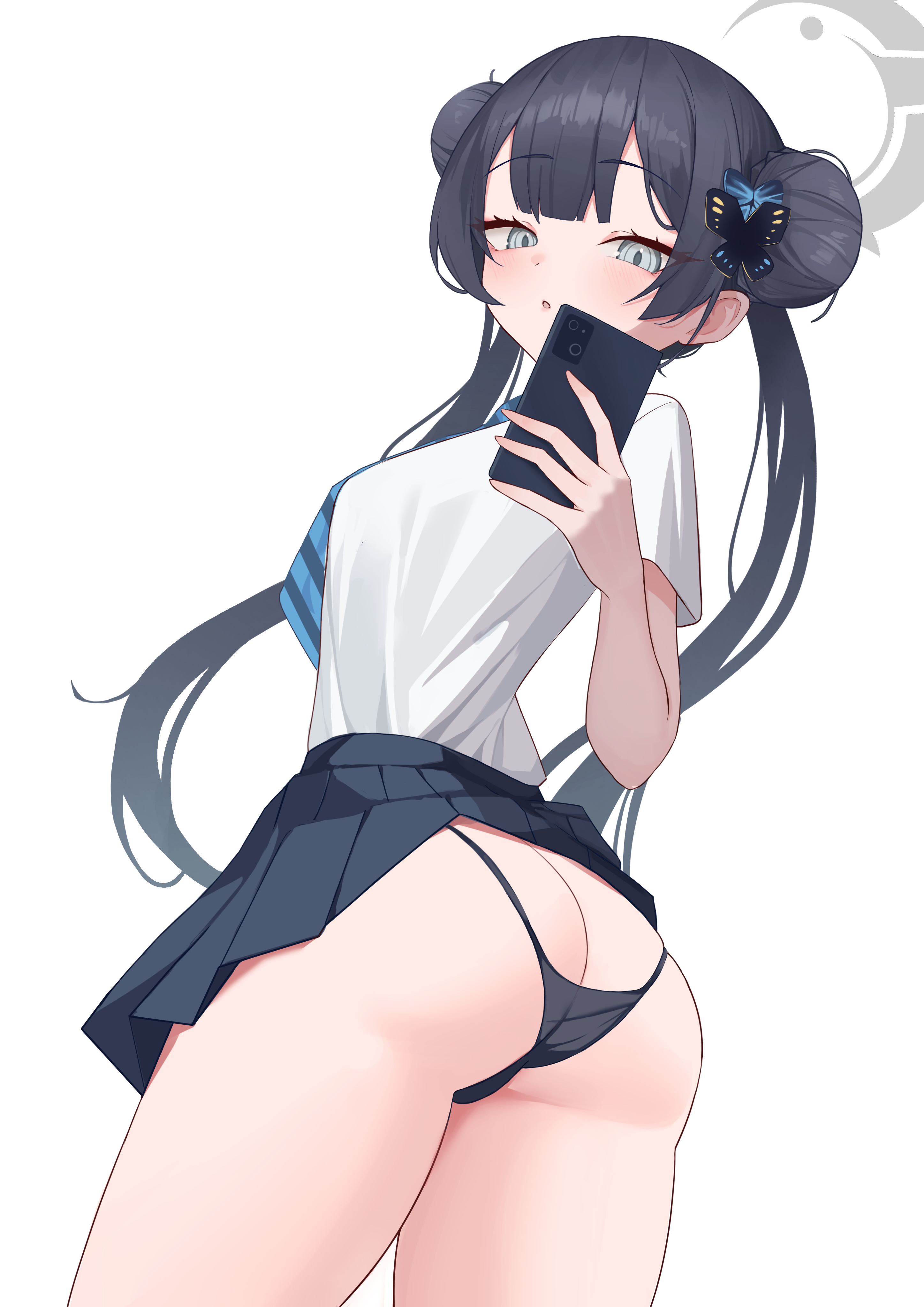 :o, 1girls, absurdres, ass, black hair, black panties, black skirt, blue archive, blush, breasts, butt crack, butterfly hair ornament, double bun, hair bun, hair ornament, halo, highres, holding, holding phone, jixo (user nzhc8728), kisaki (blue archive), kisaki (school uniform) (blue archive), long hair, medium breasts, miniskirt, panties, phone, pleated skirt, school uniform, shirt, short sleeves, simple background, skirt, small breasts, solo, twintails, underwear, very long hair, white background, white shirt