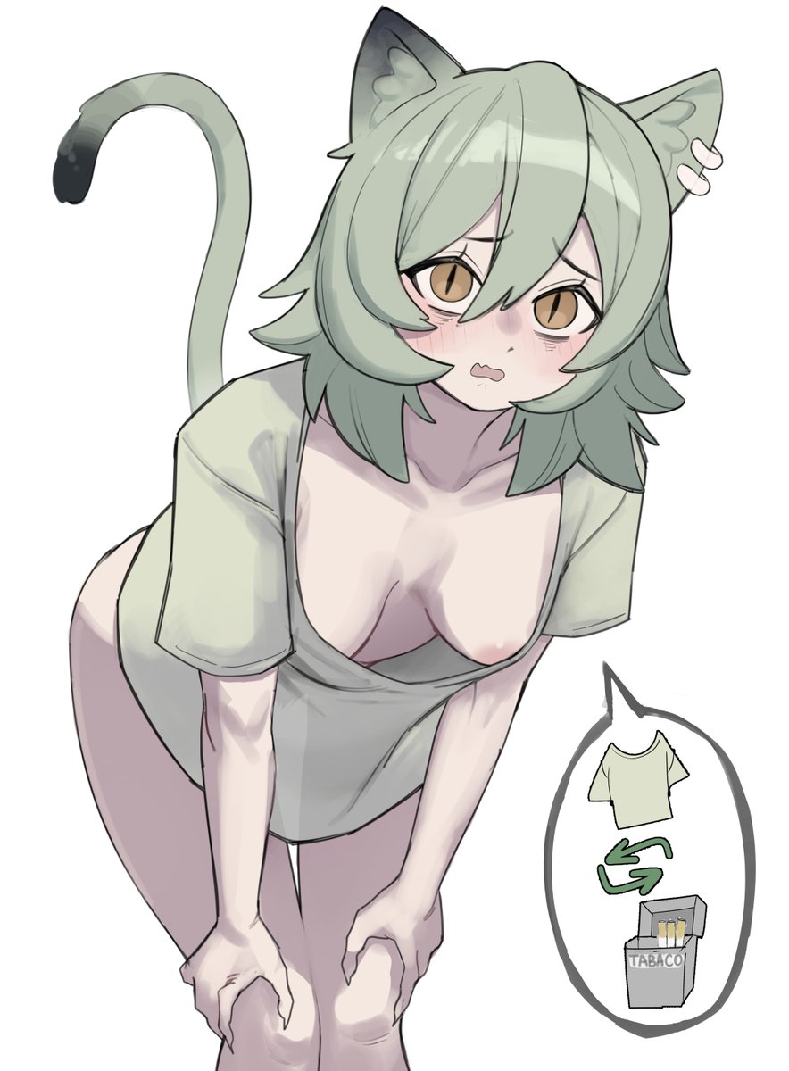 1girl, animal ear earrings, animal ear fluff, animal ears, areola slip, bent over, blush, bottomless, breasts, breasts apart, brown eyes, cat ears, cat girl, cat tail, cigarette, ckatnha, downblouse, extended downblouse, green hair, green shirt, hanging breasts, highres, leaning forward, medium breasts, no bra, pubic hair, satou yaniko, see-through clothes, see-through shirt, shirt, short hair, simple background, slit pupils, solo, tail, white background, yani neko