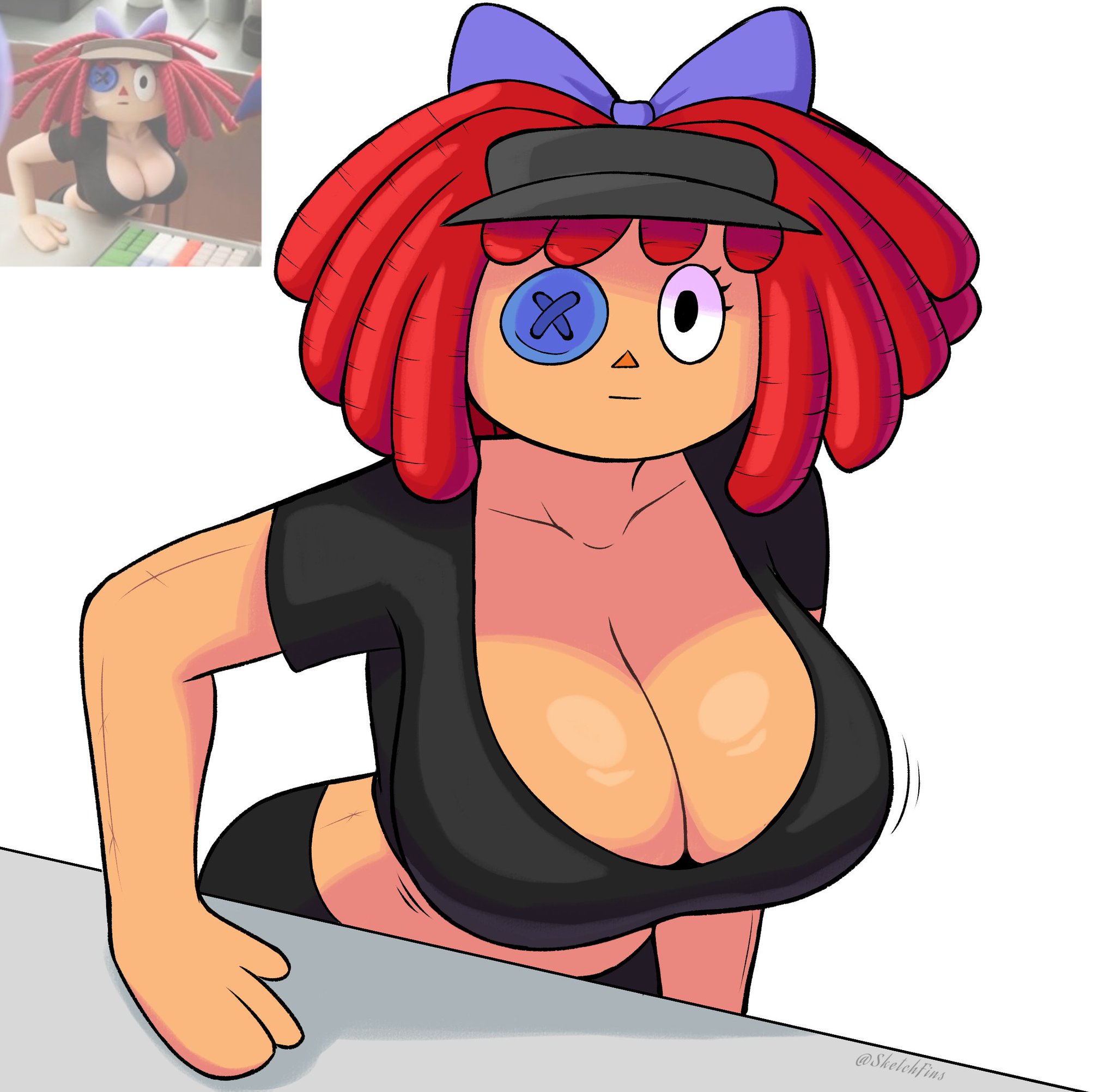 big boobs, big breasts, boobs, boobs bigger than head, boobs focus, breasts, breasts bigger than head, breasts focus, cleavage, fast food, fast food employee, fast food uniform, female, female focus, female only, glitch productions, huge boobs, huge breasts, large boobs, large breasts, looking at viewer, ragatha, ragatha (tadc), ragatha (the amazing digital circus), ragdoll, red hair, red hair female, redhead, redhead female, reference image, sketchfins, solo, solo female, solo focus, tadc, tagme, the amazing digital circus, wide hips