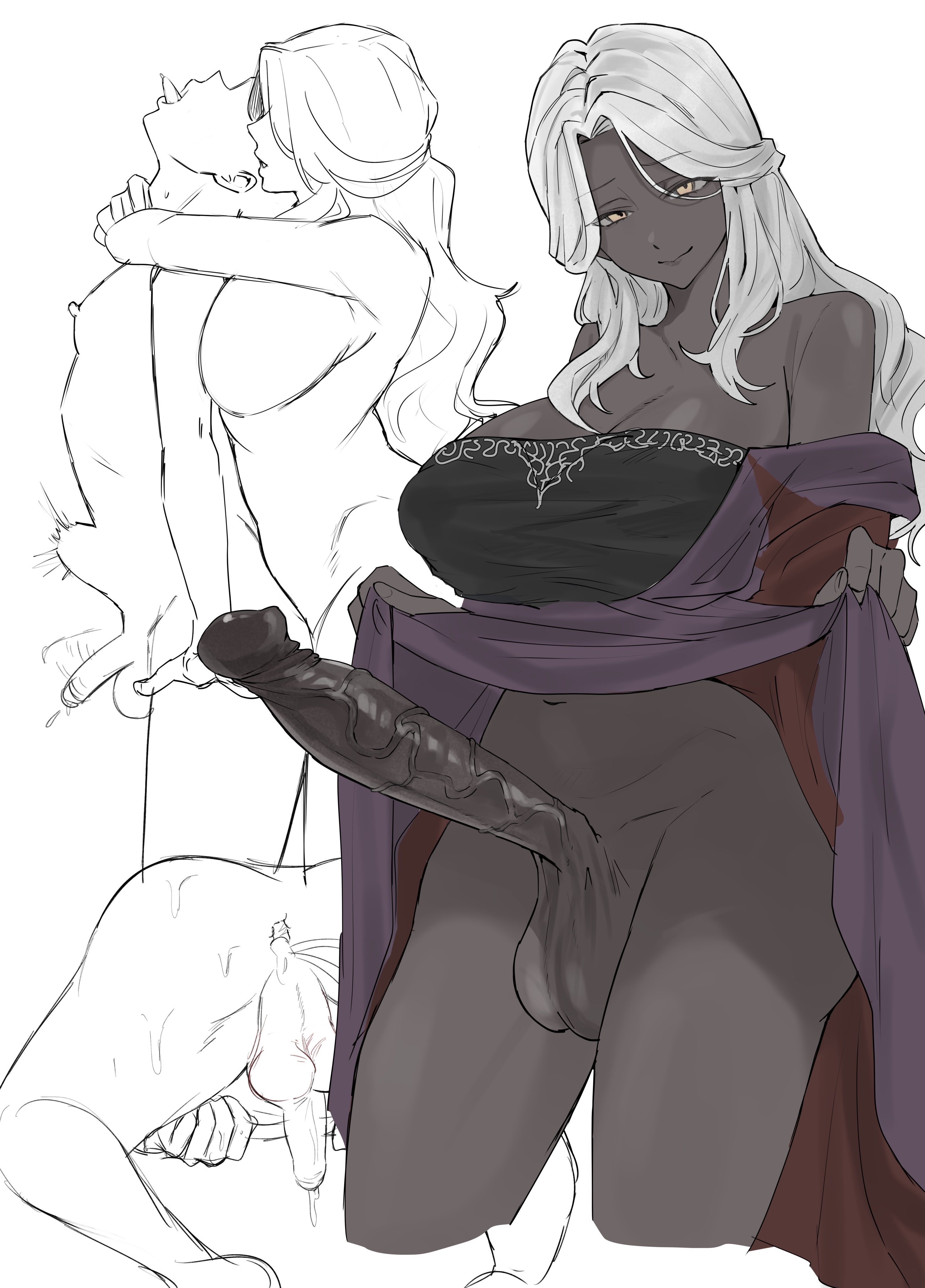 after anal, anal, anal sex, bottomless, cum, dark skin, dark-skinned female, dress lift, dress lifted by self, elden ring, elden ring nightreign, female focus, femdom, fromsoftware, futa on male, futadom, futanari, ki (qrg8l), looking at viewer, male, nightreign, partially clothed, penetration, penis, presenting penis, recluse (nightreign), spread anus, white background, white hair, yellow eyes