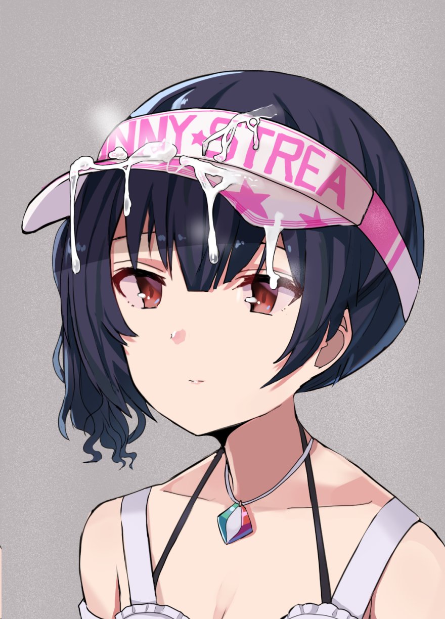 bare_shoulders bikini bikini_top bikini_under_clothes black_bikini black_hair closed_mouth collarbone cum cum_on_clothes cum_on_hair cum_on_hat cum_on_visor cum_on_visor_cap expressionless facial female grey_background hair_between_eyes halter_top halterneck highres idolmaster idolmaster_shiny_colors jewelry justeeeeth looking_away morino_rinze necklace pendant print_headwear red_eyes shirt short_hair side_ponytail simple_background sleeveless sleeveless_shirt solo star_(symbol) star_print swimsuit upper_body visor_cap white_headwear white_shirt