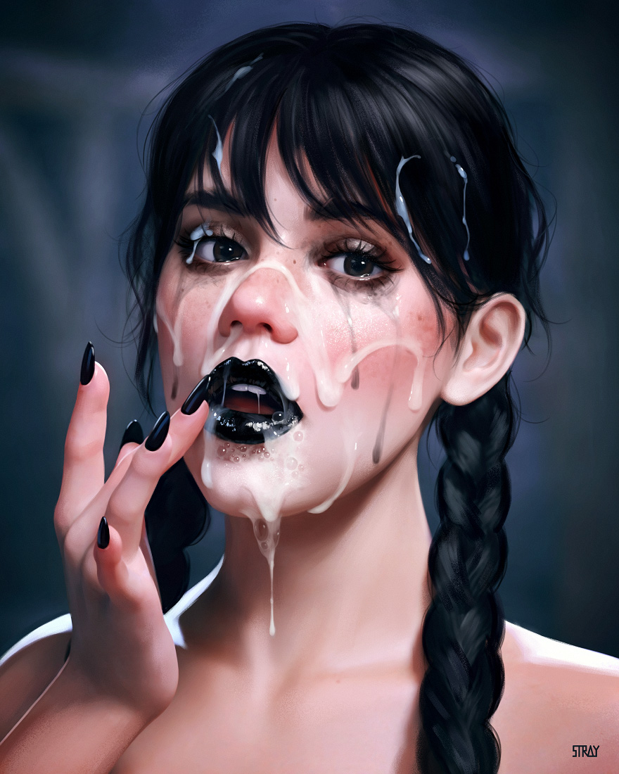 addams family, black hair, black lipstick, completely naked, completely naked female, completely nude, completely nude female, cum, cum drip, cum on face, cum on hair, jenna ortega, licking, licking cum, light skin, light-skinned female, looking at viewer, mascara, mascara running, mascara smear, mascara tears, nude, nude female, pale skin, pale-skinned female, straypaint, the addams family, wednesday (netflix), wednesday addams