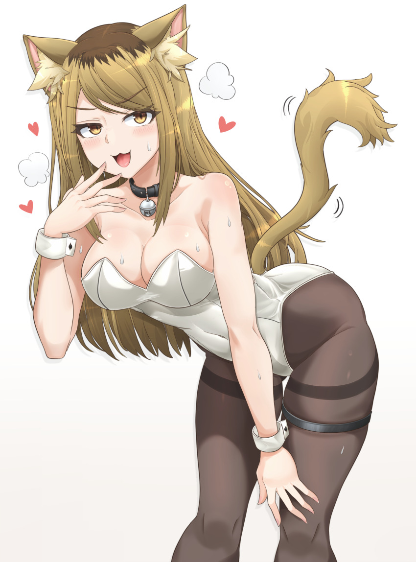 :3, 1girl, absurdres, animal ear fluff, animal ears, bare shoulders, bell, black collar, black leotard, black wrist cuffs, blonde hair, brown hair, cat ears, cat girl, cat tail, collar, collarbone, heart, highres, kansai neko (yani neko), leotard, looking at viewer, neck bell, nishi kaoruko, nontraditional playboy bunny, open mouth, playboy bunny, simple background, solo, tail, thigh strap, thighs, white background, wrist cuffs, yani neko, yellow eyes