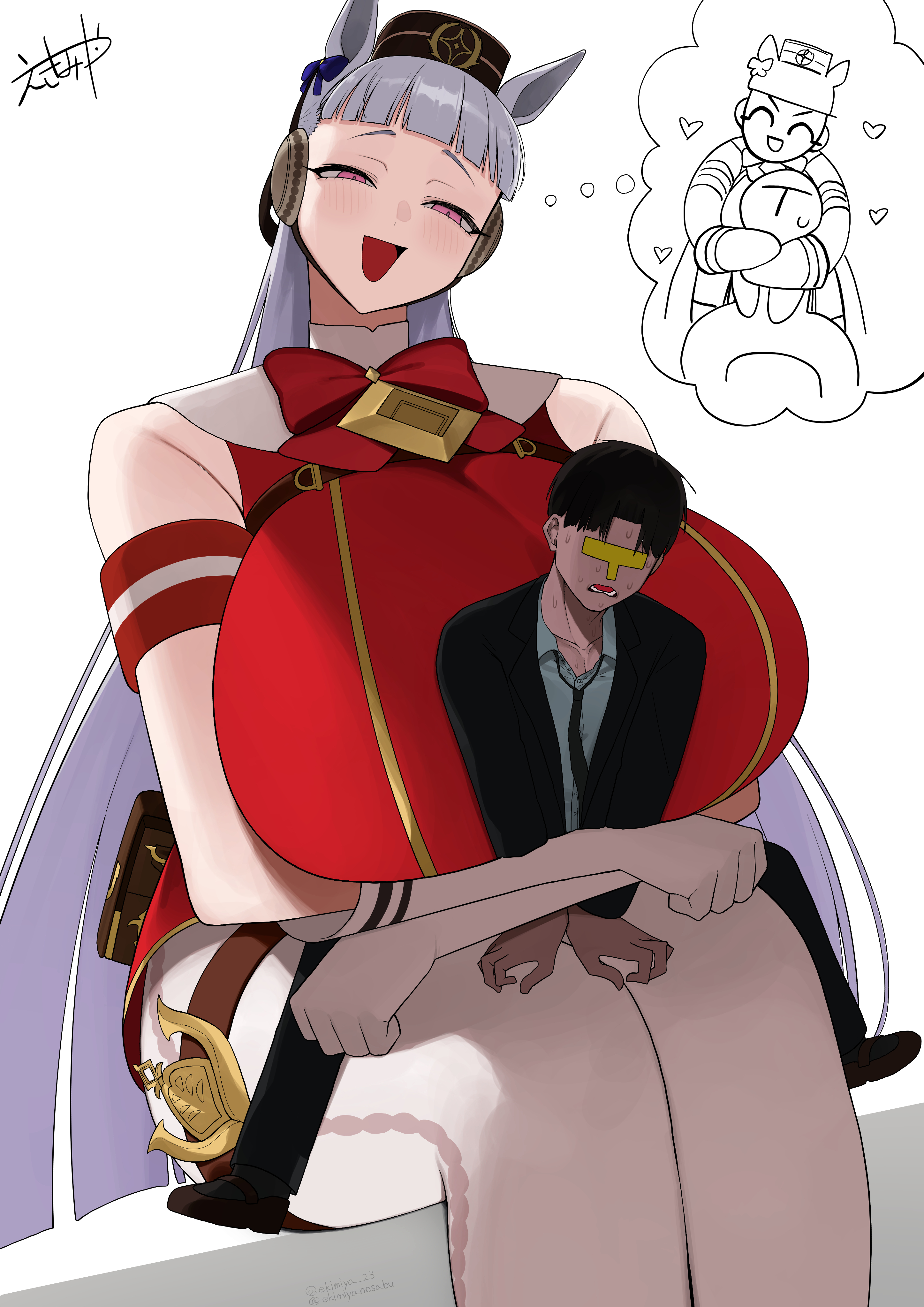 alternate breast size, artist request, assertive female, breasts bigger than head, breasts bigger than torso, giantess, gold ship (umamusume), huge breasts, hugging, massive breasts, questionable consent, sitting, tagme, trainer (umamusume), umamusume, umamusume pretty derby