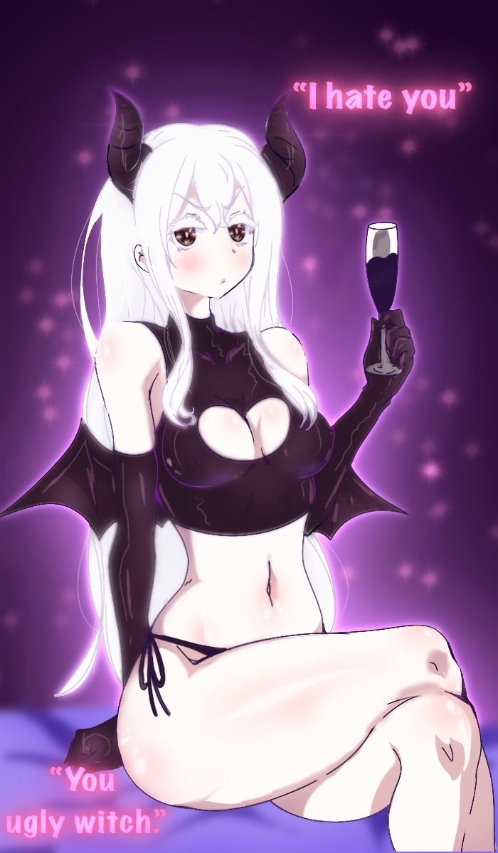1girls, 2026, 2d, alternate costume, bare shoulders, big breasts, breasts, cleavage, cleavage cutout, clothes, clothing, color, colored, covered nipples, devil costume, devil horns, dialogue, digital media (artwork), echidna (re:zero), english text, female, female only, hi res, holding object, insult, light skin, light-skinned female, long hair, navel, offscreen character, re:zero kara hajimeru isekai seikatsu, satella (re:zero), silver hair, skimpy, skimpy clothes, tatigami, text, thick thighs, thighs, wine glass, witch