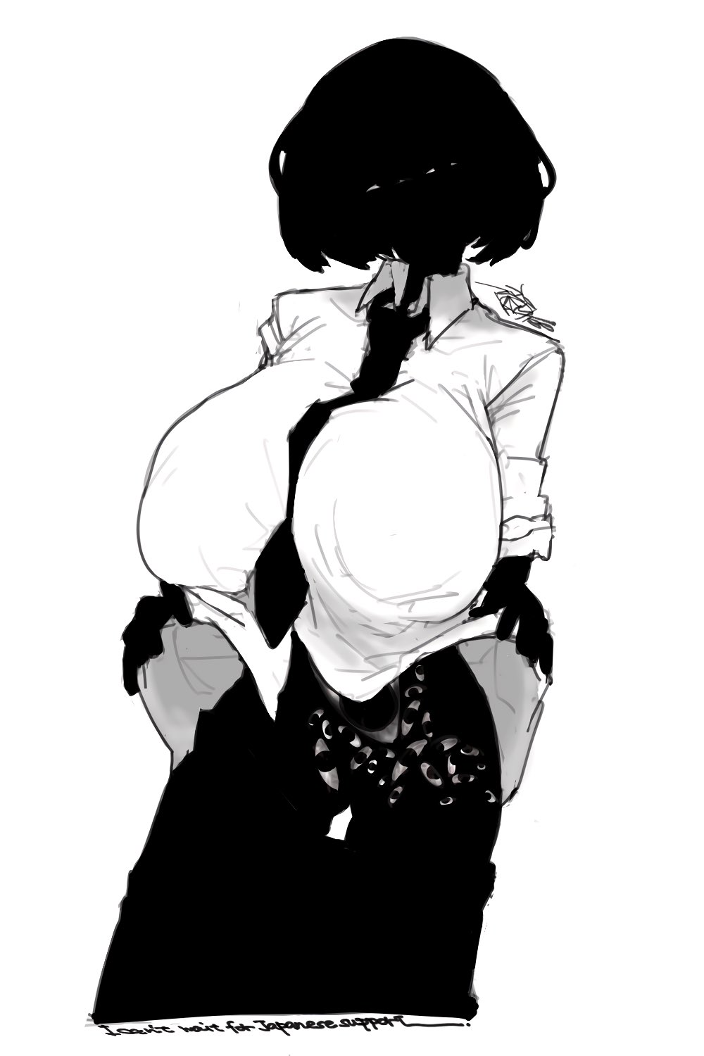 ayatakazumu, big boobs, big breasts, black body, black eyes, black hair, black skin, breasts, entity, female, huge boobs, huge tits, humanoid, lifting shirt, monster, nate hand gesture, nipples, nipples visible through clothing, shirt, staring, staring at viewer, tagme, tie, tits, void, white shirt