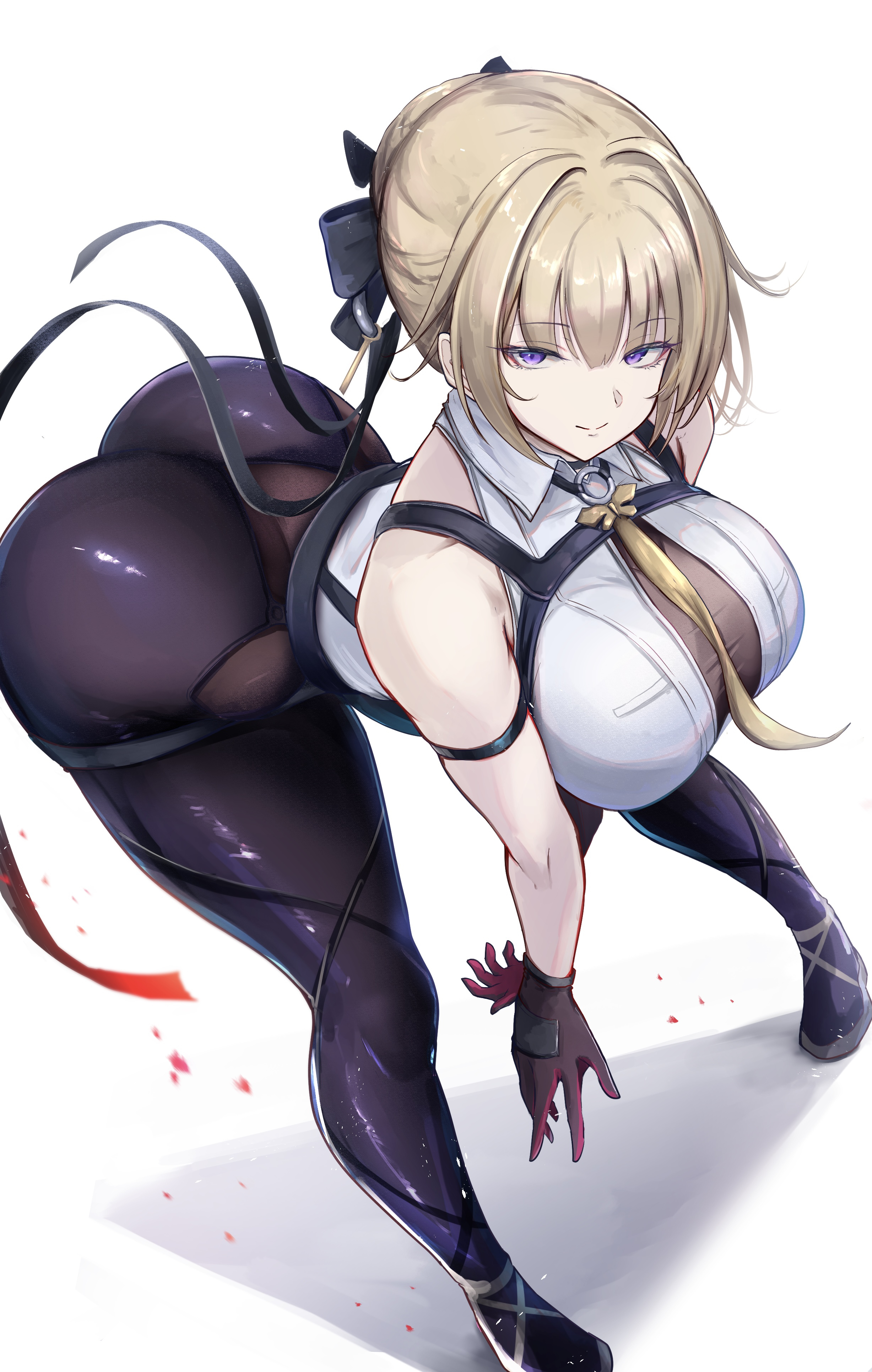 1girl, absurdres, ass, asymmetrical gloves, bent over, big ass, big butt, black choker, black gloves, black pants, blonde hair, breasts, choker, closed mouth, collared shirt, elbow gloves, evelyn chevalier, gloves, hair bun, high-waist pants, highres, huge breasts, leaning forward, looking at viewer, necktie, pants, poni (poni arknights), purple eyes, shirt, simple background, single elbow glove, sleeveless, sleeveless shirt, smile, solo, thick thighs, thighs, tight clothes, tight pants, two-sided gloves, white background, white shirt, yellow necktie, zenless zone zero