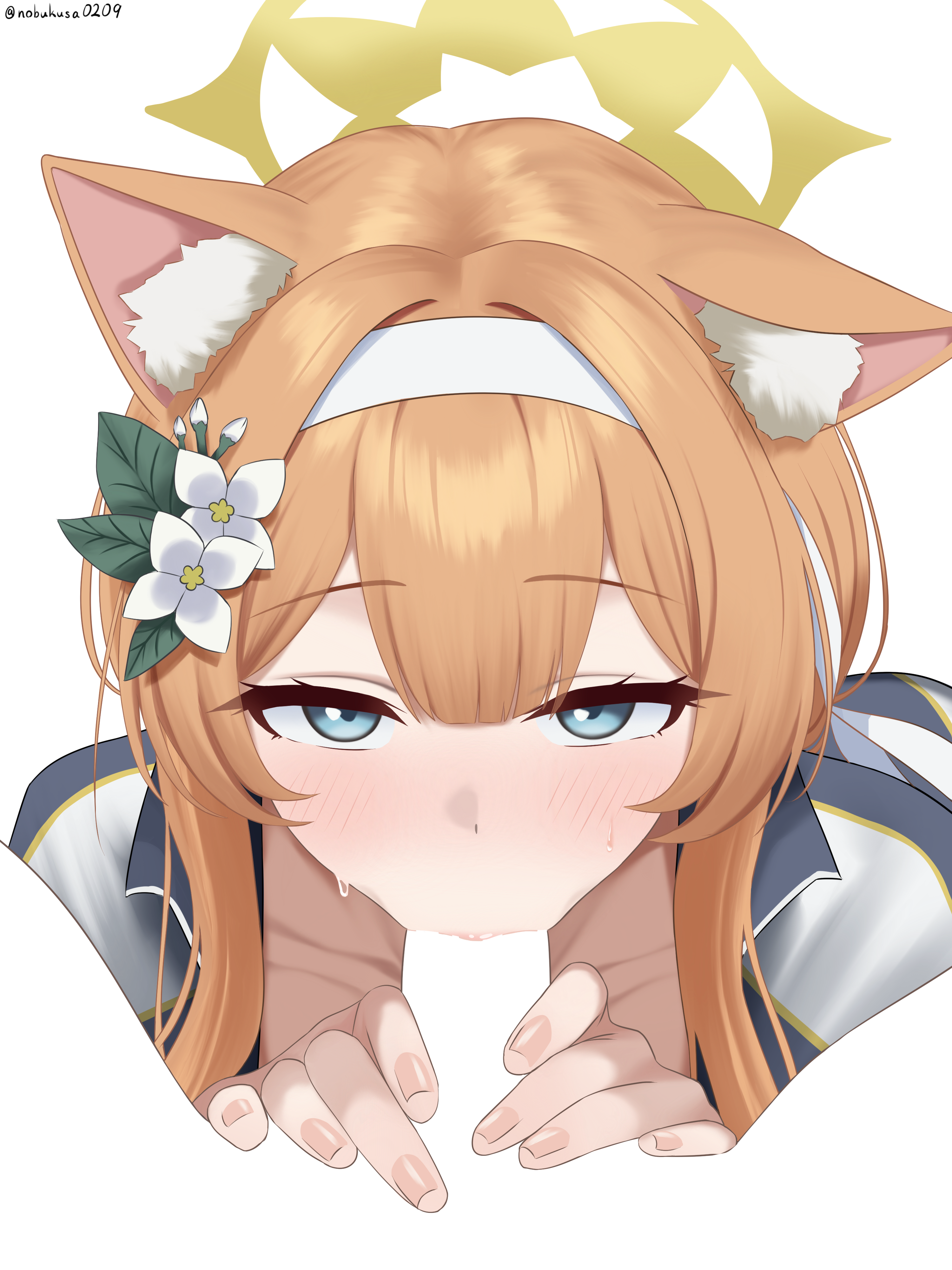 :>=, 1boy, 1girl, animal ear fluff, animal ears, artist request, blue archive, blue eyes, blush, cat ears, cat girl, clothing, fellatio, female, flower, hair flower, hair ornament, hairband, halo, headband, hetero, iochi mari, jacket, long hair, looking at viewer, male, mari (blue archive), mari (track) (blue archive), negative space, negative space oral (meme), official alternate costume, oral, orange hair, penis, pov crotch, simple background, solo focus, track jacket, twitter username, white background, white flower, white hairband, yellow halo