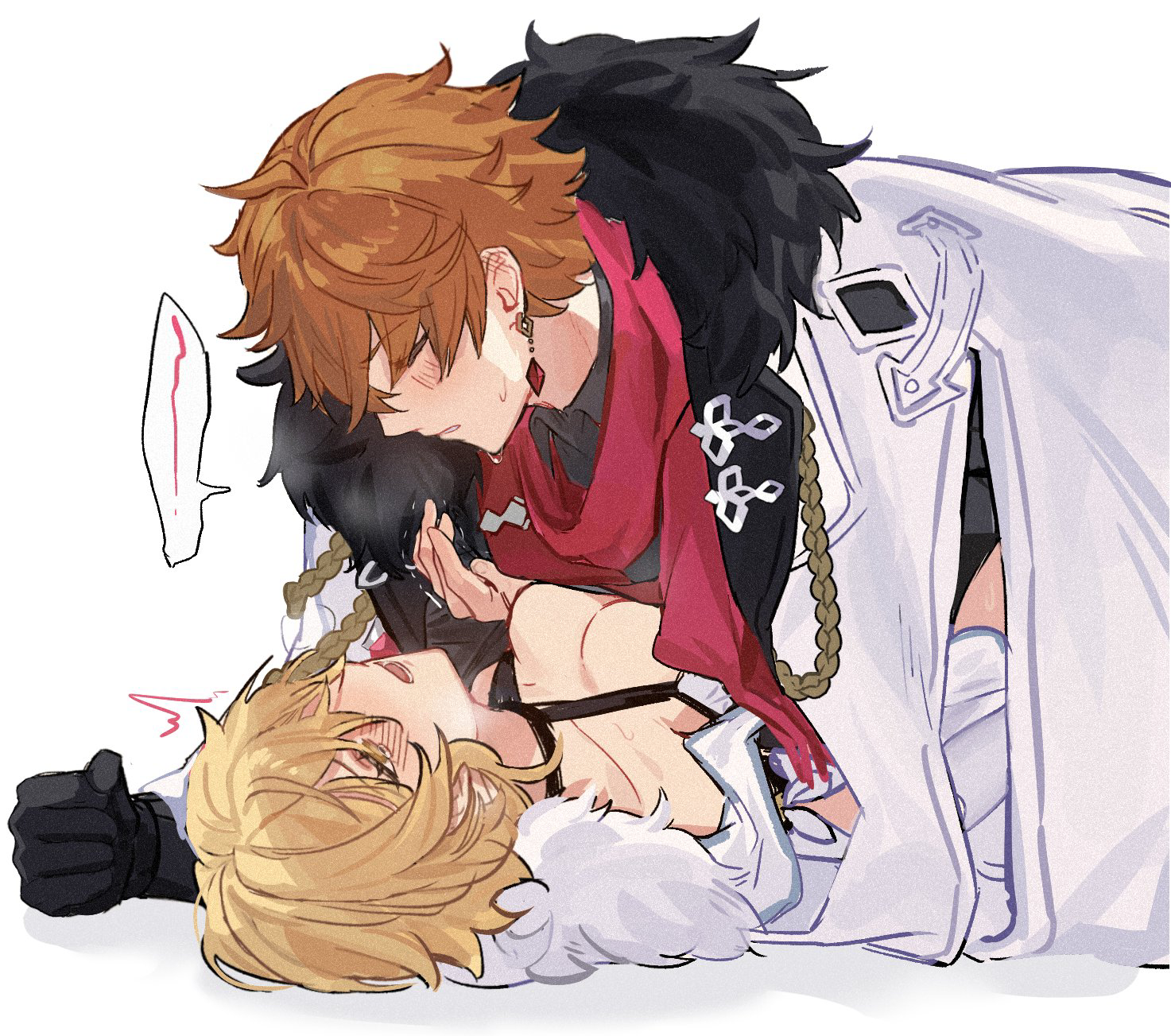 1boy, 1girl, blonde female, blonde hair, blush, breast press, breasts, childe (genshin impact), cleavage, female, genshin impact, ginger, hoyoverse, light skin, lumine (genshin impact), male, male on top, male/female, mihoyo, open mouth, soft boy, straight, suggestive, suggestive pose, sweat, tartaglia (genshin impact), winter clothes