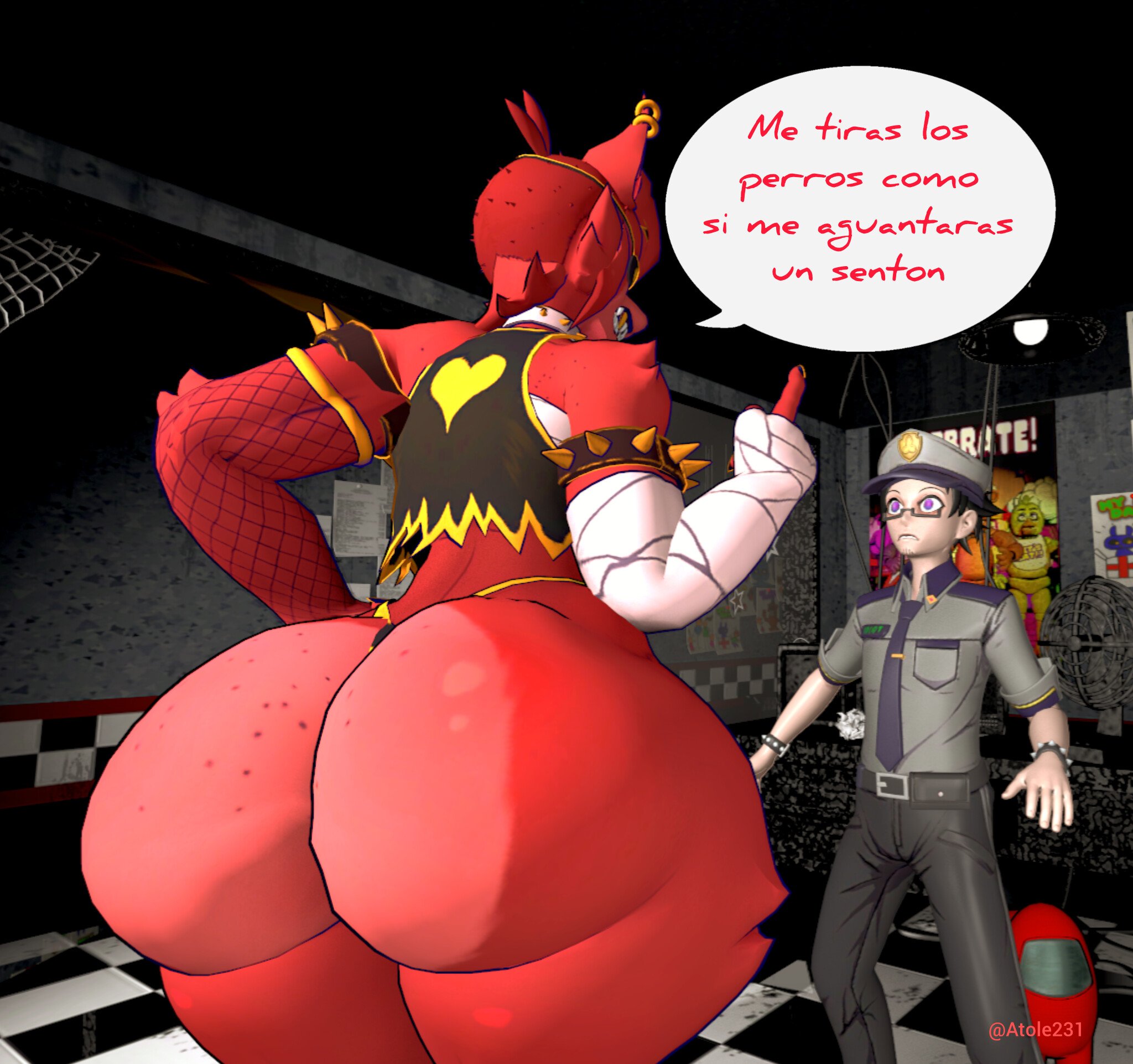 1boy, 1girls, 3d, anthro, ass view, back view, big ass, big breasts, bikini, canid, canine, canis, cryptiacurves, curvy, dumptruck ass, dumptruck butt, exposed ass, fazclaire's nightclub, fazclaire's nightclub: the rearousal, female, female fox, female foxy, fexa, fexa (cryptia), fexa (fn:rearousal), five nights at freddy's, fnaf1 location, fox, fox girl, foxy (cally3d), foxy (fnaf), fredina's nightclub, furry, genderswap, genderswap (mtf), huge ass, huge breasts, huge butt, human, looking at another, male, male/female, massive ass, massive butt, massive thighs, red skin, rule 63, talking to another, text, text bubble, thick, thick ass, thick thighs, thighs, two-tone body, two-tone fur, vixen