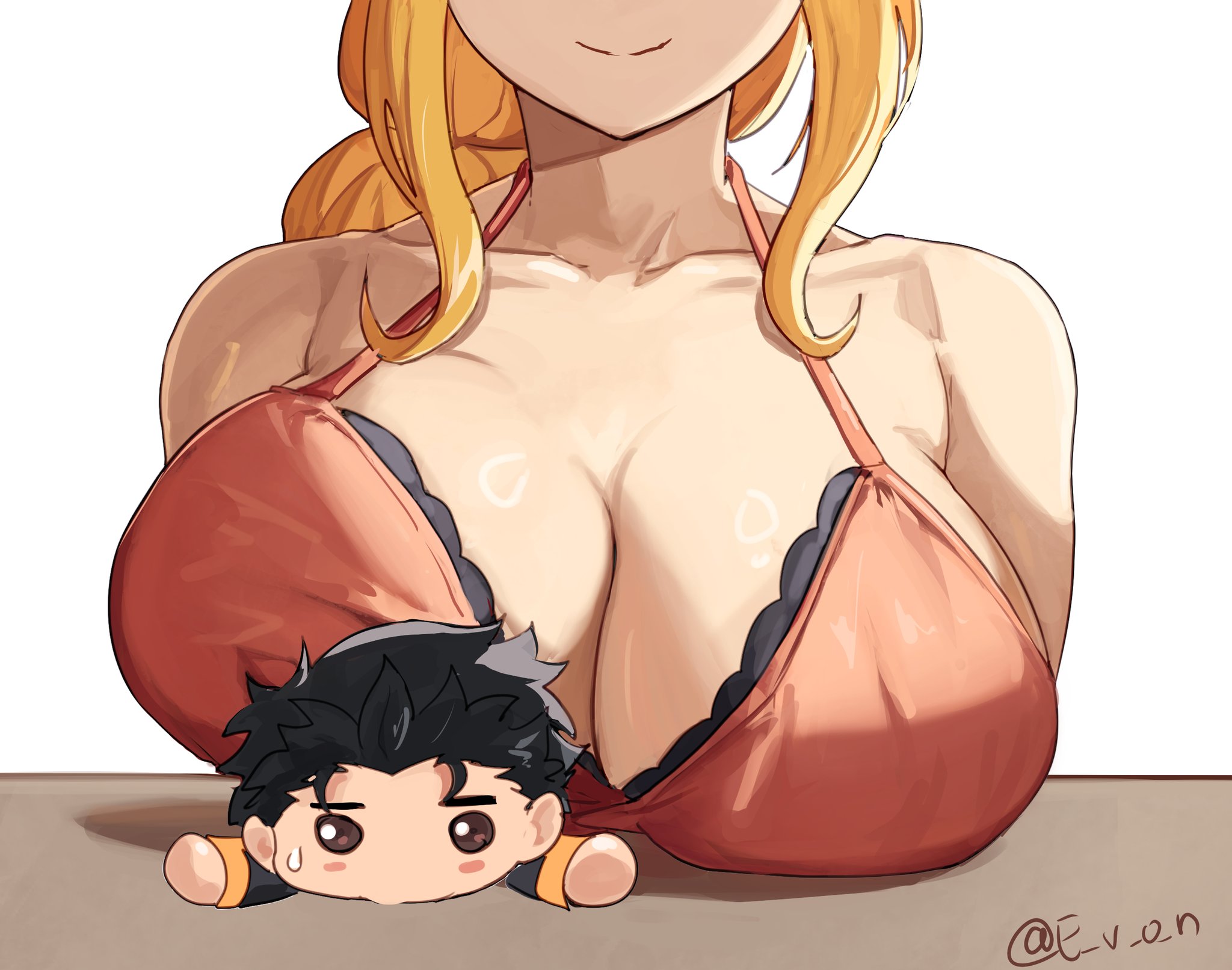  e v o n 0, 1girls, 2d, artist name, bangs, big breasts, bra, breast focus, breast smother, breasts, color, colored, digital media (artwork), doll, female, female only, front view, hi res, huge breasts, human, large breasts, lingerie, long hair, looking at viewer, natsuki subaru, ponytail, priscilla barielle, re:zero kara hajimeru isekai seikatsu, red bra, smile, smirk, solo, solo female, table, white background