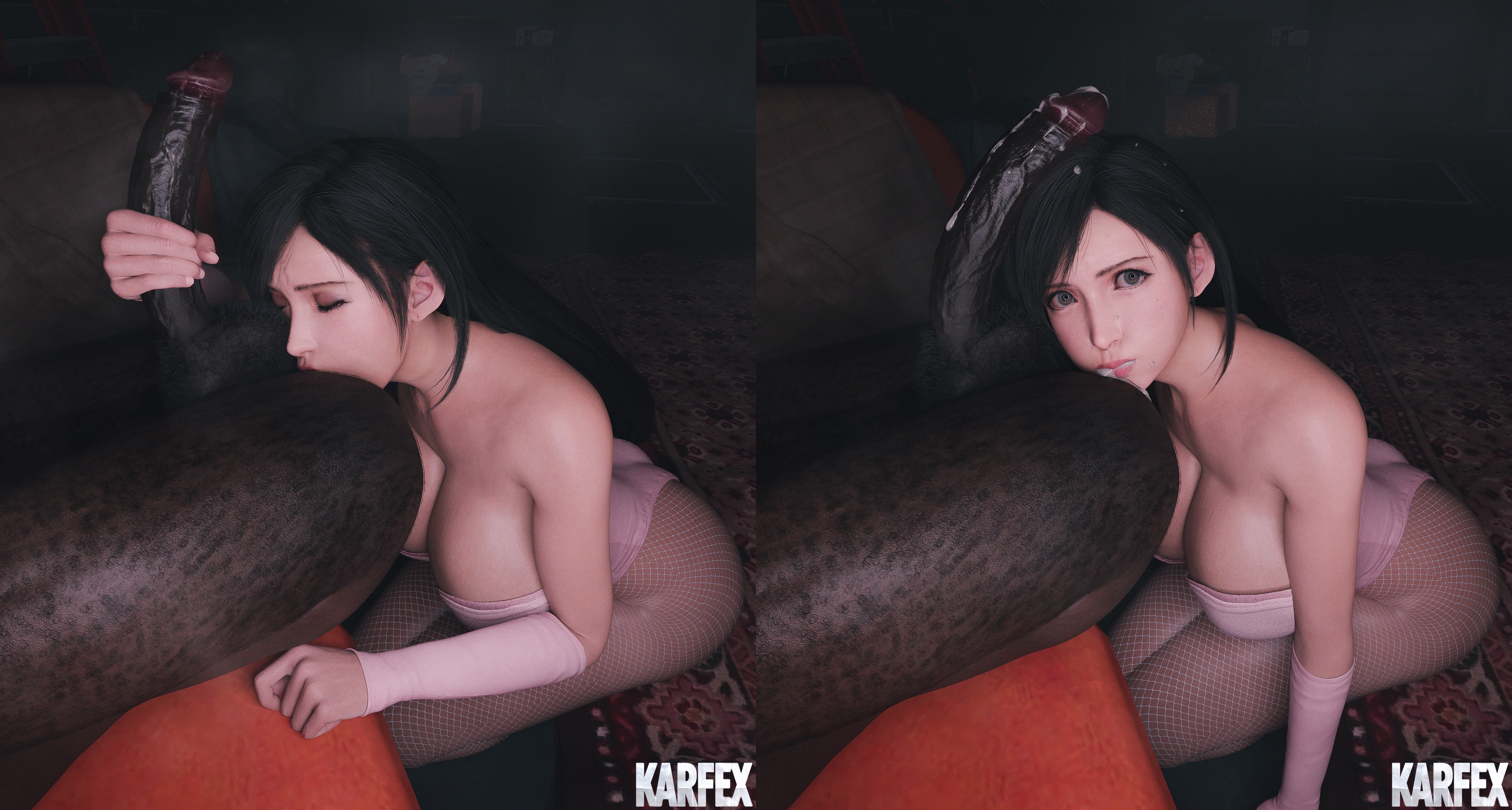 3d, after anilingus, after rimming, anilingus, anilingus from female, asian female, blue eyes, cum in mouth, dark-skinned male, eyelashes, eyes closed, final fantasy, fishnets, hairy, huge breasts, huge cock, interracial, karfex, legs up, licking ass, long eyelashes, long hair, looking at viewer, reclining, rimjob, rimming, submissive female, testicles, tifa lockhart