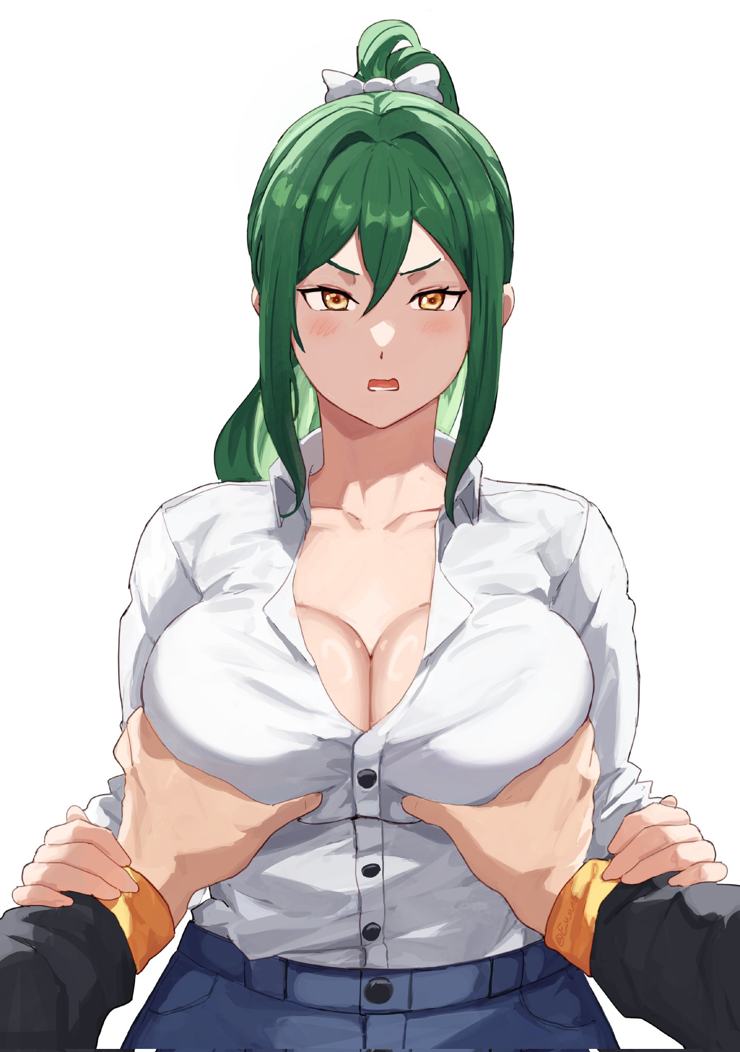  e v o n 0, 1boy1girl, 1girls, 2025, 2d, ai generated, amber eyes, big breasts, blush, blushing, blushing at viewer, breasts, button down shirt, cleavage, clothed, clothes, clothing, color, colored, crusch karsten, digital media (artwork), female, female focus, front view, grabbing breasts, green hair, groping, groping breasts, hair ribbon, half body, hi res, huge breasts, human, large breasts, light skin, light-skinned female, long hair, looking at viewer, male/female, natsuki subaru, re:zero kara hajimeru isekai seikatsu, straight, track suit, voluptuous, white background, white shirt