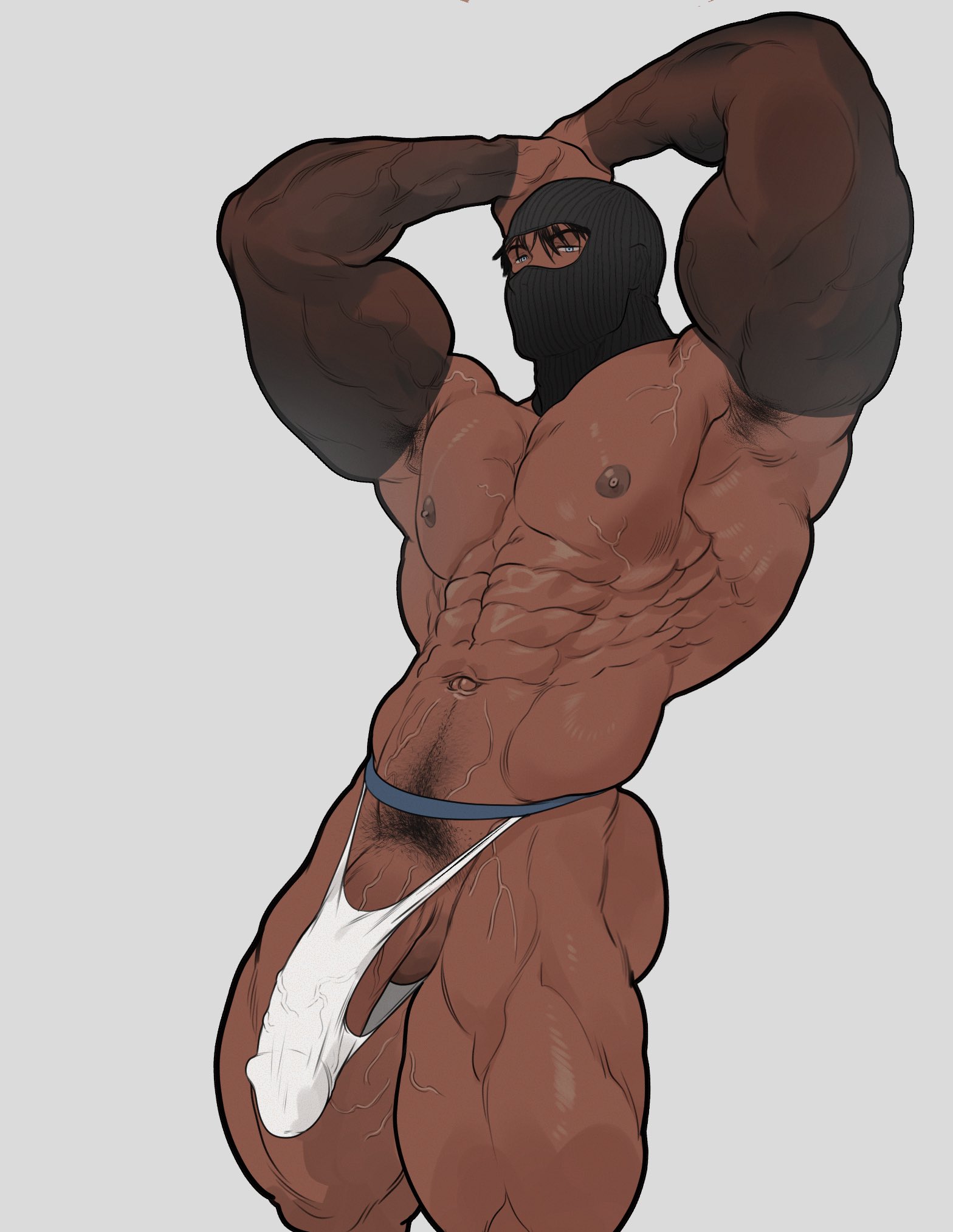 abs, armpit hair, armpits, balls, bara, biceps, big balls, big penis, boner, bulge, erection, erection under clothes, gay, gay male, male, male nipples, male only, manly, mask, muscular male, nipples, pecs, penis, penis outline, solo, ten g89, underwear, yaoi