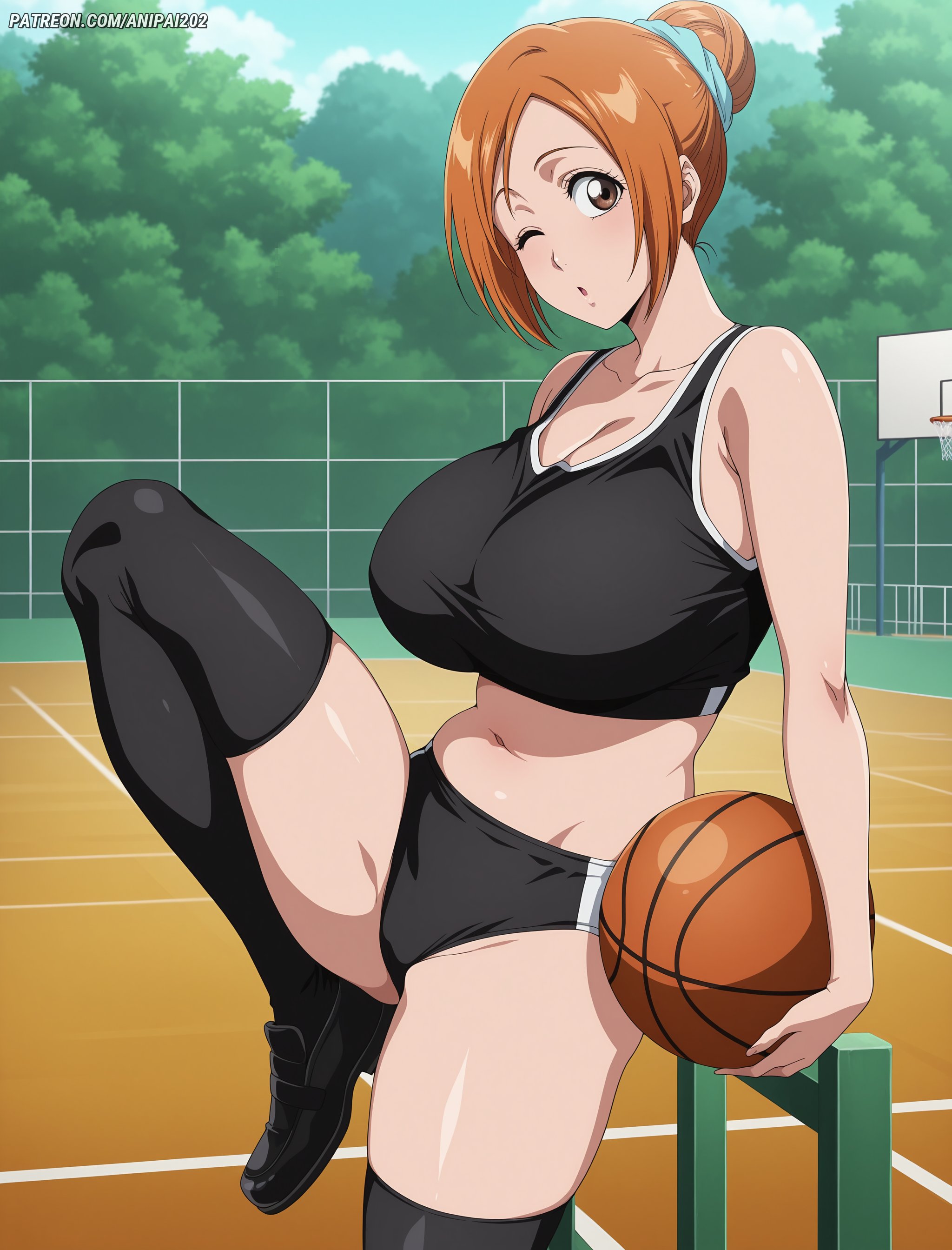 1girls, 2d, 2d (artwork), ai generated, anime, basketball, big boobs, big breasts, bleach, boobs, breasts, clothed, clothed female, ginger, ginger female, ginger hair, hair bun, inoue orihime, large boobs, large breasts, light skin, light-skinned female, manga, orange hair, orange hair female, orihime inoue, solo, solo female, solo focus, thick thighs, thighs