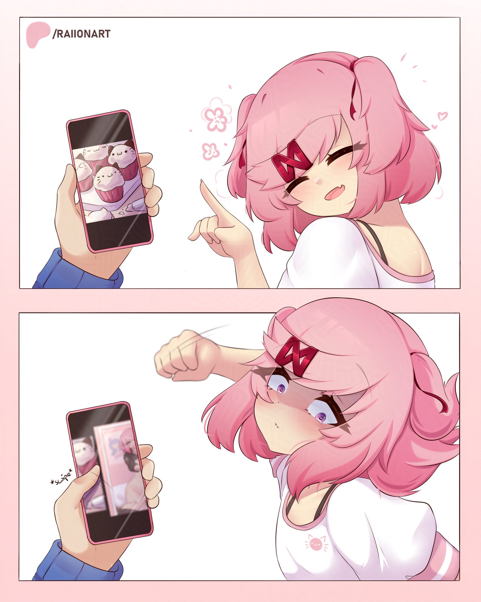 1girls, comic, doki doki literature club, female, natsuki (doki doki literature club), phone, raionart, tagme