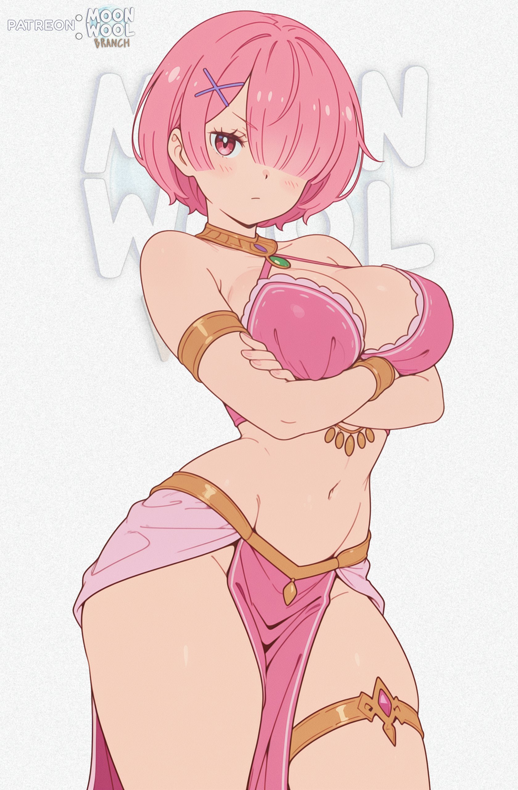 1girls, 2026, 2d, ai generated, alternate costume, armband, arms folded, arms under breasts, big breasts, blush, breasts, clothes, clothing, color, colored, crossed arms, dancer, dancer outfit, egyptian clothes, female, female only, front view, frown, hi res, humanoid, large breasts, light skin, light-skinned female, moonwool branch, navel, oni, pink clothing, pink hair, ram (re:zero), re:zero kara hajimeru isekai seikatsu, red eyes, short hair, skimpy, skimpy clothes, solo, solo female, thick thighs, thighs