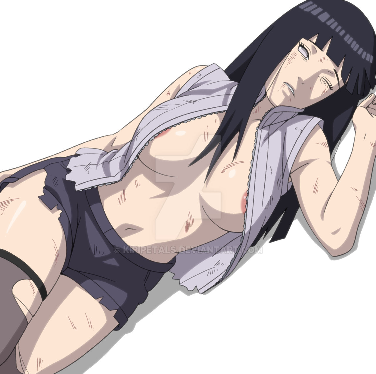 1girls, areola slip, big breasts, blue hair, defeated, defeated heroine, female, hyuuga hinata, hyuuga hinata (naruto: the last), kiripetals, long hair, naruto (series), naruto: the last, one eye closed, open clothes, open shirt, shorts, solo, solo female