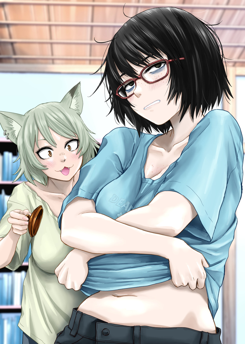 2girls, absurdres, animal ears, atchy, beatyful, belly, black eyes, black hair, breasts, cat ears, cat girl, collarbone, commentary request, empty eyes, glasses, highres, looking at viewer, multiple girls, open mouth, satou yaniko, shirt, short hair, smile, standing, stomach, tatsuno saori, yani neko