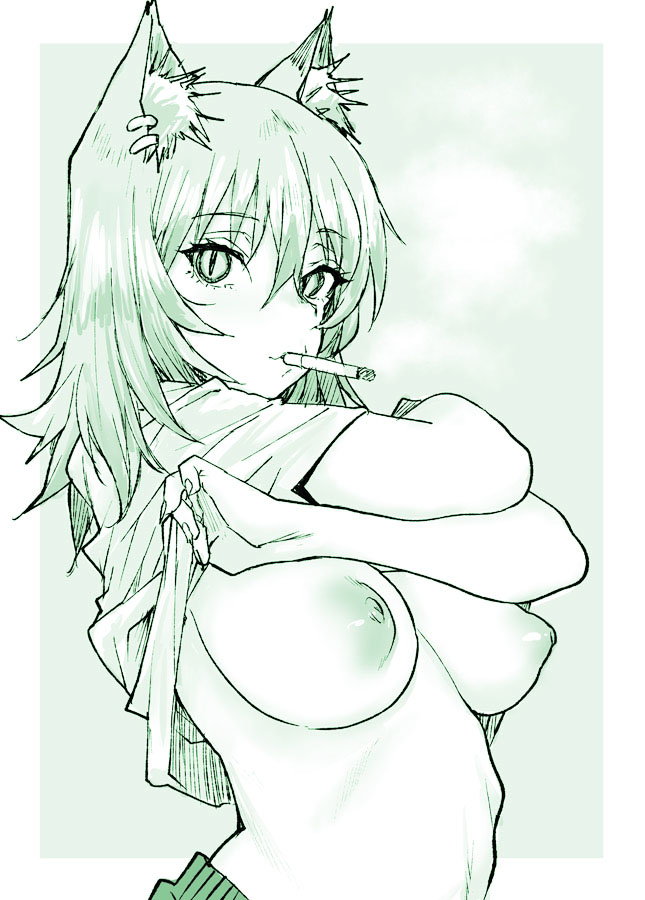 1girl, animal ear fluff, animal ears, breasts, cat ears, cat girl, chainsmoker cat, cigarette, clothes lift, commentary, large breasts, looking at viewer, monochrome, mouth hold, nipples, ponsuke (pon00000), puffy nipples, satou yaniko, shirt lift, simple background, slit pupils, smoking, yani neko, yani neko (yani neko)