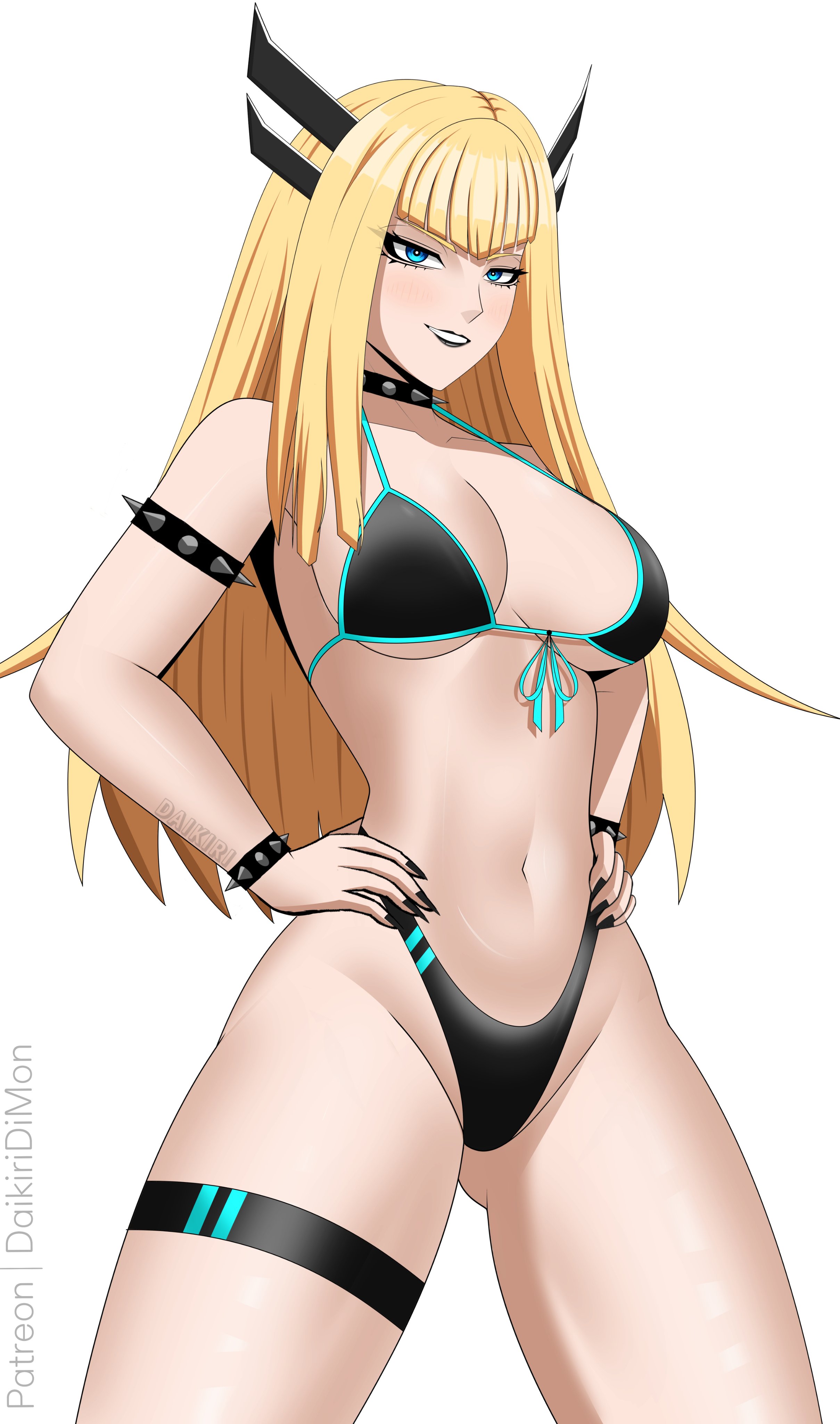 1girls, bangs, bikini, black lipstick, blonde hair, blue eyes, choker, daikiri di mon, hands on hips, long hair, magik (illyana rasputin), magik (marvel tokon), marvel, marvel tokon: fighting souls, posing, solo, solo female