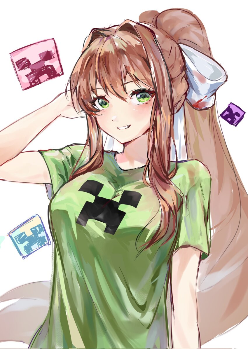 1girl, alternate costume, bow, breasts, commentary, creeper, doki doki literature club, english commentary, green eyes, green shirt, hair bow, hair intakes, highres, long hair, minecraft, monika (doki doki literature club), ponytail, shirt, smile, solo, very long hair, white bow
