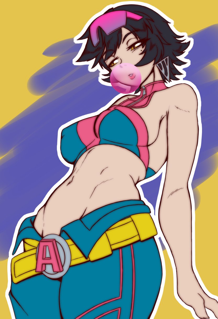 1girl, 2d, bare shoulders, belt, big breasts, black hair, breasts, burbdoodles, choker, clothed, eyewear on head, fully clothed, jubilation lee, jubilee, jubilee (marvel rivals), large breasts, lips, lipstick, looking at viewer, marvel, marvel rivals, midriff, navel, pants, short hair, solo, strapless, tagme, x-men, yellow eyes