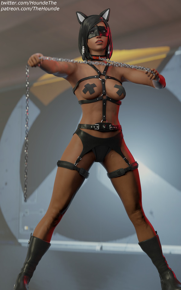 1girls, 3d, black hair, bondage, breasts, cat ears, chains, collar, covered nipples, dark skin, dark-skinned female, female, femsub, fit, fit female, inviting, leash, lingerie, looking at viewer, medium breasts, offering leash, overwatch, pharah, sex slave, slave, solo, solo female, thehounde