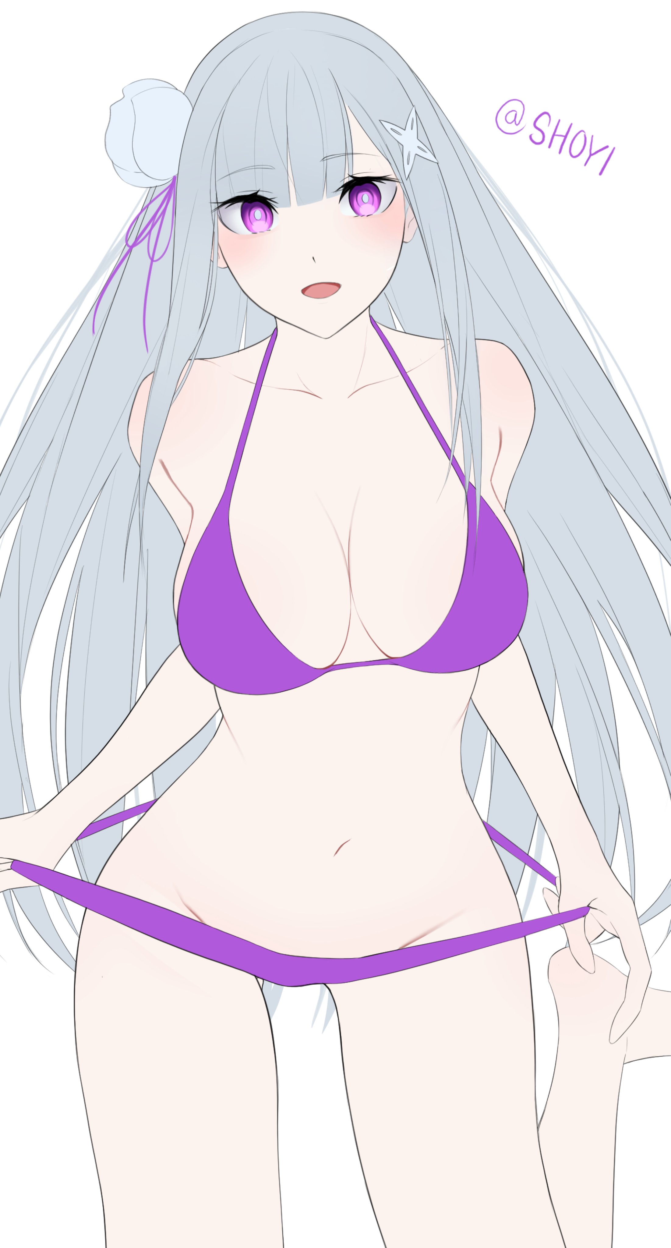 1girls, belly, bikini, cleavage, elf, elf ears, elf female, emilia (re:zero), half naked, hips, large breasts, looking at viewer, panty pull, purple eyes, re:zero kara hajimeru isekai seikatsu, shoyi, silver hair, solo, standing, swimsuit, thighs, undressing, white background