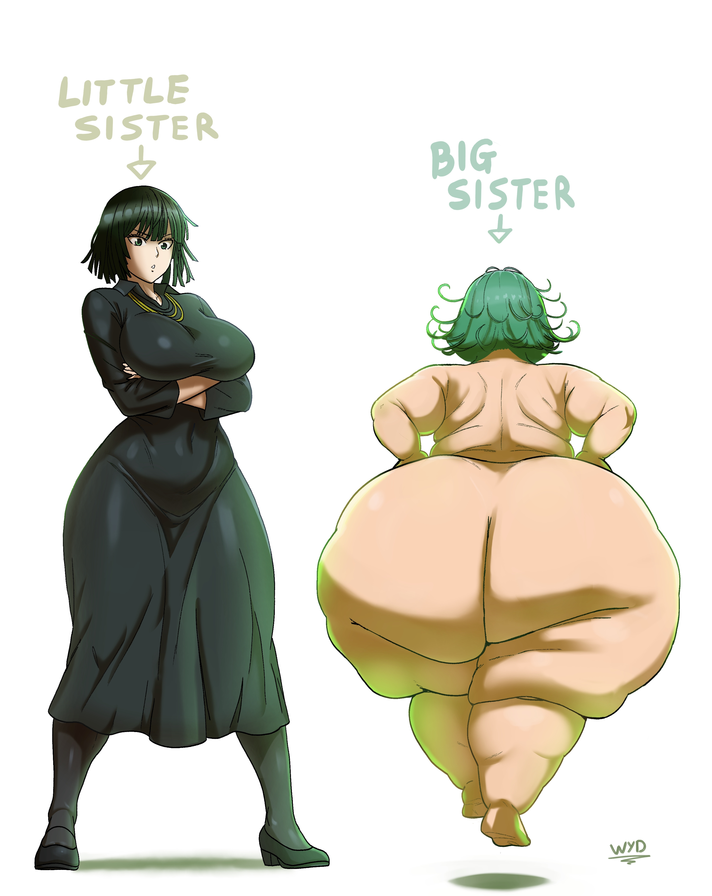 2girls, alternate version available, arms crossed, ass, ass body, ass focus, aura, back view, bangs, bare ass, bbw, big ass, big breasts, big butt, black clothing, black dress, bottom heavy, breasts, bubble ass, bubble butt, busty, chubby, chubby female, comparing, comparison, crossed arms, curvaceous, curvy, curvy female, curvy figure, dress, dumptruck ass, dumptruck butt, exposed ass, fat ass, female, female focus, female only, floating, fubuki (one-punch man), green hair, hand on hip, hands on hips, hi res, high resolution, highres, huge ass, huge butt, j.c. staff, jewelry, large ass, large breasts, light skin, light-skinned female, necklace, necklaces, one-punch man, overweight, overweight female, rear view, siblings, simple background, sisters, tagme, tatsumaki, thick ass, thick thighs, thighs, voluptuous, voluptuous female, whatyoudeserved, white background