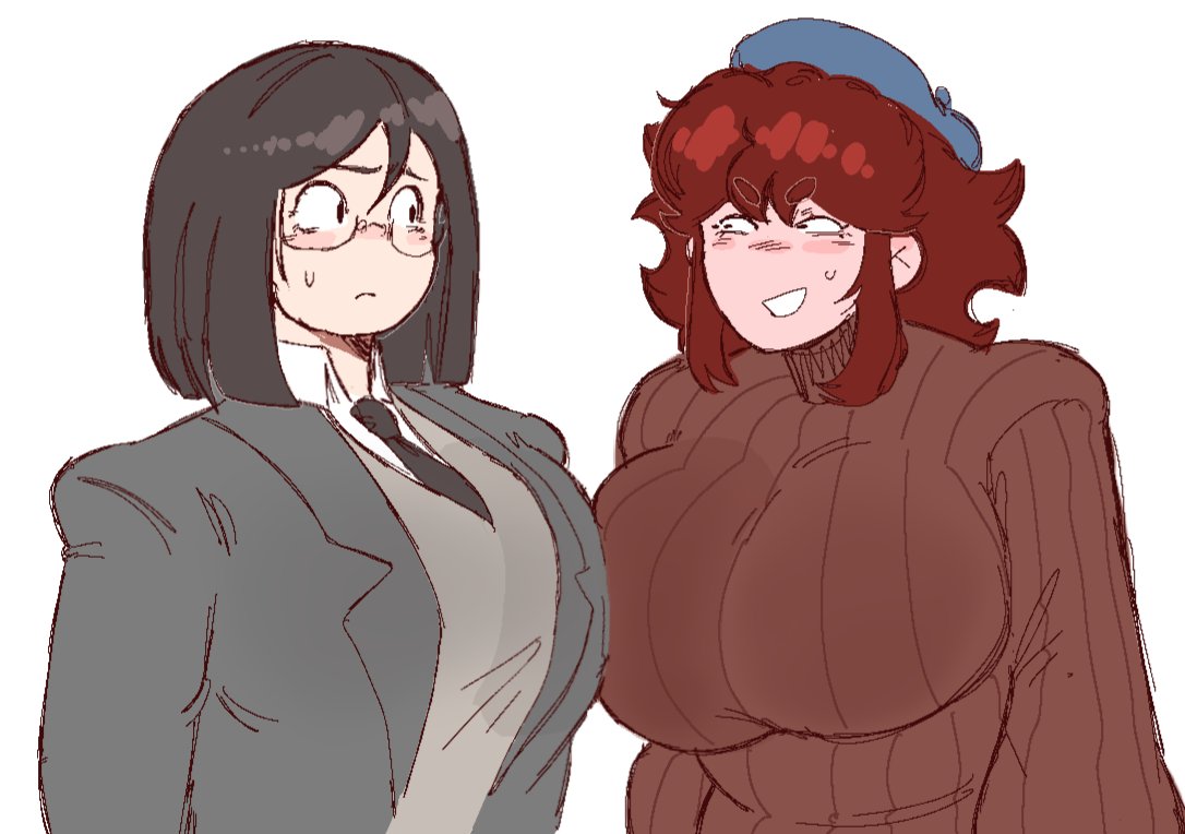 2girls, auburn hair, bbw, beret, black hair, blush, breast focus, breast press, breast squish, breasts bigger than head, chubby, chubby female, cute, dahlia (stashamber), dumb girl, female, female focus, female only, flustered, focus on breasts, french, friday night funkin, friday night funkin mod, funny, girlfriend (friday night funkin), glasses, huge breasts, huge cleavage, korean nooby (artist), massacre girlfriend (friday night funkin), massive breasts, millie (mistful crimson morning), mistful crimson morning, nervous, nervous sweat, oc, office lady, pressed together, short hair, suit, sweater, sweaty, tagme, teasing expression, tight clothing, uniform, voluptuous, voluptuous female