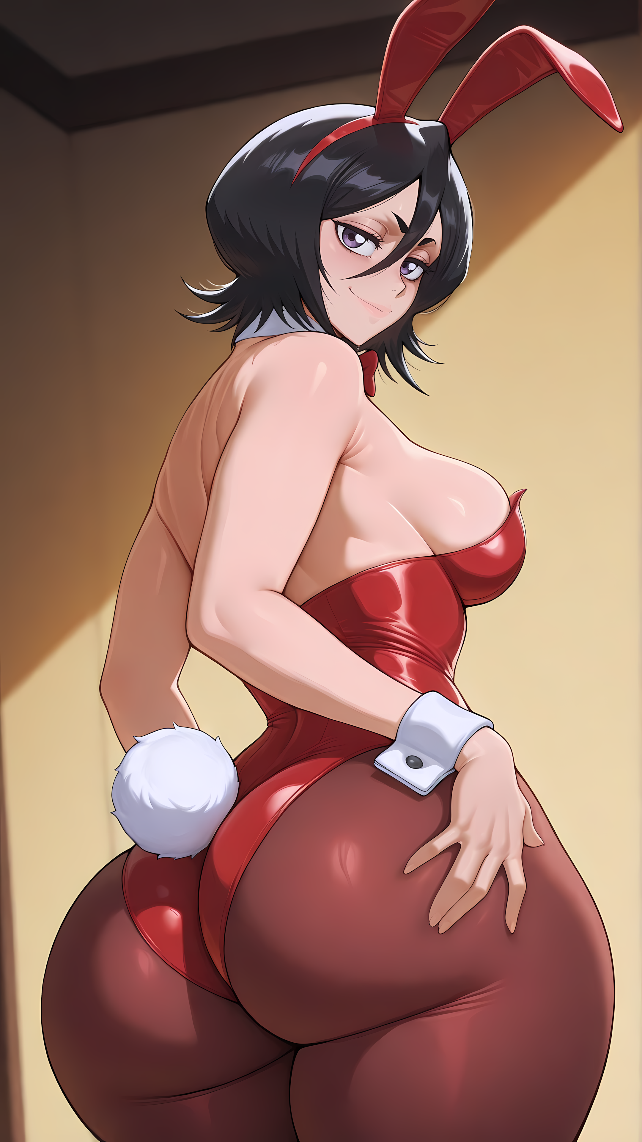1girl, 1girls, ai generated, alternate breast size, animal ears, ass, ass focus, ass grab, bare shoulders, black hair, bleach, bleach: the thousand-year blood war, bow, bowtie, breasts, brown pantyhose, curvy, dandanhub, detached collar, fake animal ears, fake tail, female, female only, from behind, grabbing own ass, hair between eyes, huge ass, indoors, kuchiki rukia, large breasts, leotard, light-skinned female, looking at viewer, looking back, medium breasts, pantyhose, playboy bunny, purple eyes, rabbit ears, rabbit tail, red bow, red leotard, rukia kuchiki, short hair, sideboob, smile, solo, strapless, strapless leotard, tail, thick thighs, thighs, wrist cuffs