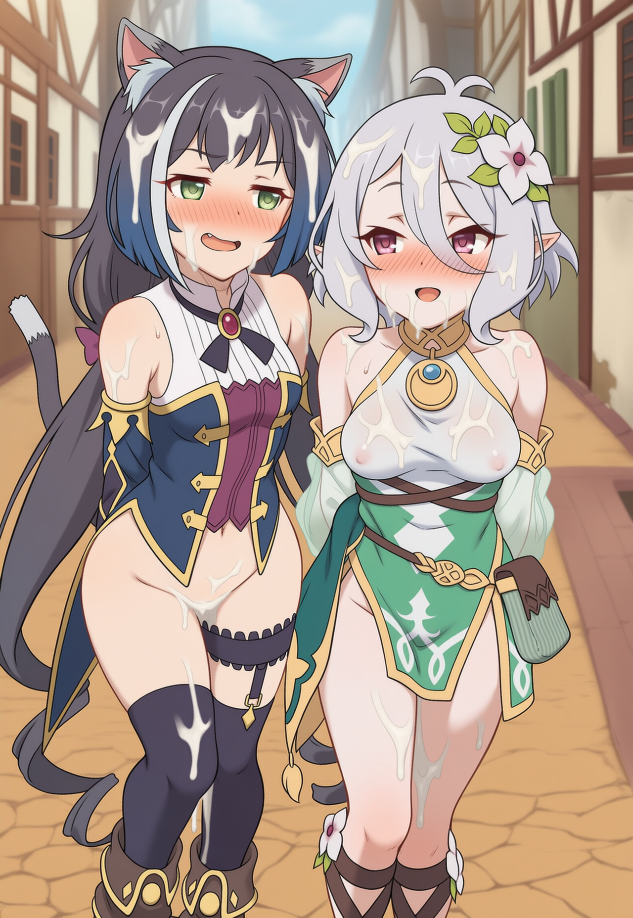 2girls, after sex, ahoge, ai generated, blush, bottomless, breasts, catgirl, cum, cum on body, cum on clothes, day, elf, excited, hips, karyl (princess connect!), kokkoro (princess connect!), kyaru (princess connect), looking at another, looking at each other, medieval, medium breasts, naughty face, no panties, pointy ears, princess connect!, princess connect! re:dive, public, see-through, side by side, side-by-side, street, zzz7