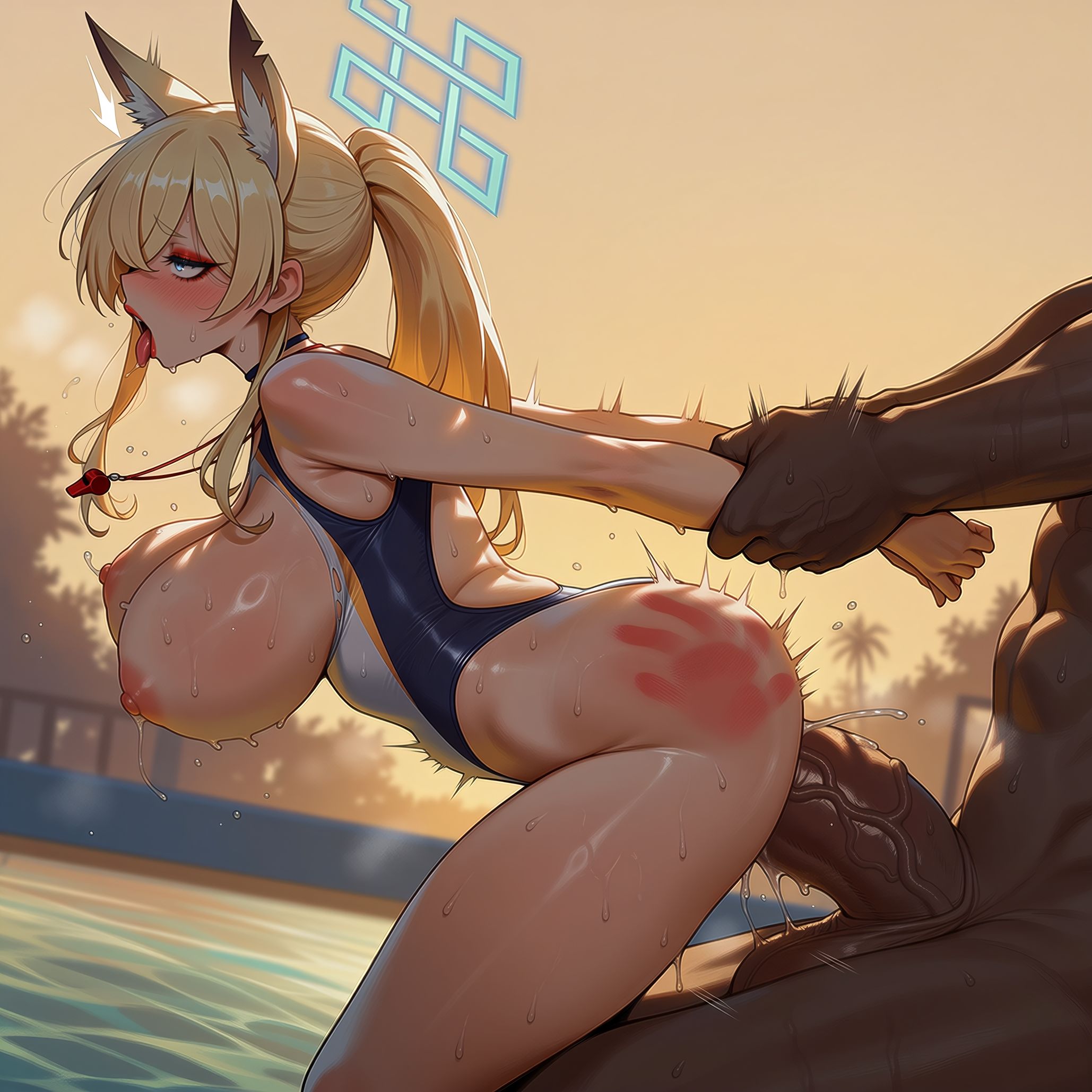 1boy, 1girl, ahegao, ai generated, alternate costume, animal ear fluff, animal ears, arm grab, arm held back, arms behind back, ass, ass ripple, back cutout, bare shoulders, bent over, blonde hair, blue archive, blue eyes, blue halo, blush, bouncing breasts, breasts, breasts out, clothed female nude male, clothed sex, clothing, clothing cutout, competition swimsuit, dark skin, dark-skinned male, dog ears, dog girl, doggystyle, duxvector, extra ears, female, female orgasm, from side, fucked silly, halo, hetero, highleg swimsuit, huge breasts, huge penis, interracial, jewelry, kanna (blue archive), kanna (swimsuit) (blue archive), large breasts, large penis, long hair, male, muscular, muscular male, nipples, nude, one-piece swimsuit, open mouth, orange sky, outdoors, penis, ponytail, pool, poolside, rolling eyes, sex, sex from behind, slap mark, solo focus, spanked, spanking, standing sex, stomach bulge, sunset, sweat, swimsuit, taken from behind, tongue, tongue out, torogao, trembling, vaginal, veins, veiny penis, water, wet, whistle, whistle around neck