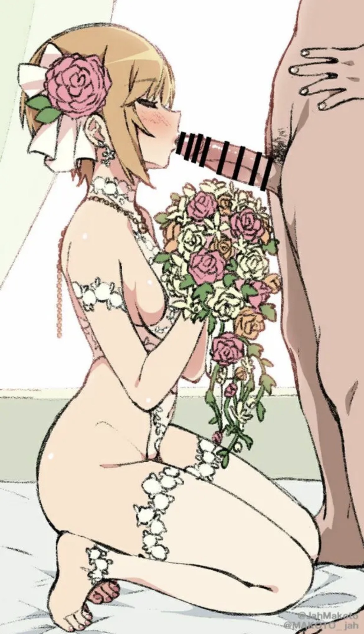1boy, 1girl, blowjob, boquet, bride, censored, clothed female nude male, fellatio, flower, flower in hair, flowers, kissing penis, married to penis, on knees, wedding dress