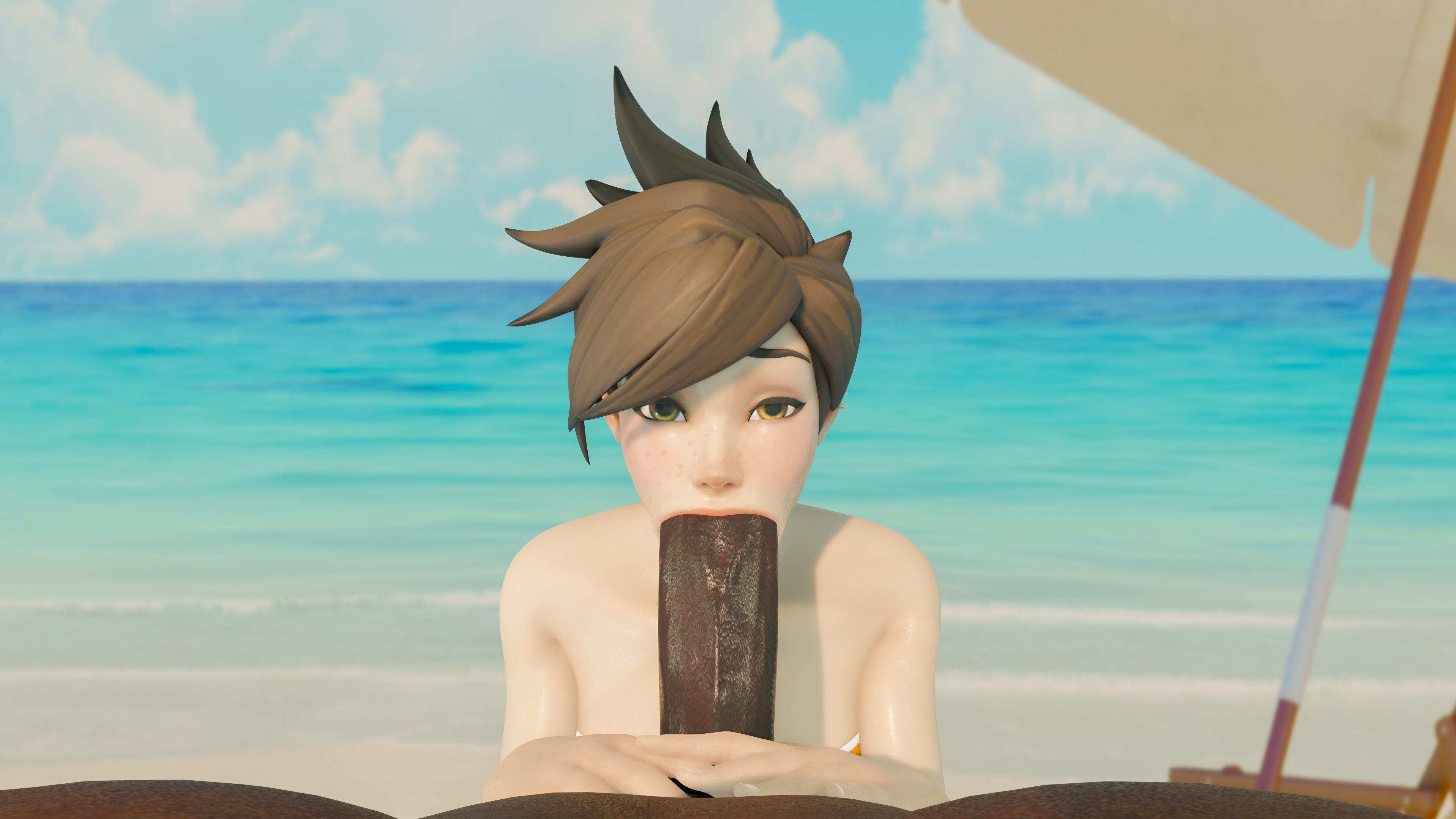 :>=, 1boy, 1girls, 3d, alternate version available, beach, big penis, blizzard entertainment, brown eyes, brown hair, dark skin, dark-skinned male, deep blowjob, deepthroat, deepthroat request, eye contact, fellatio, female, female focus, gigantic penis, hands-free, high resolution, highres, huge cock, imminent deepthroat, interracial, large penis, lifeguard, lifeguard tracer, long penis, looking at viewer, male, male pov, oral, oral sex, overwatch, penis, petite, pov, short hair, straight, swimsuit, thefallen3dx, throat barrier, throat penetration, tracer, yellow eyes