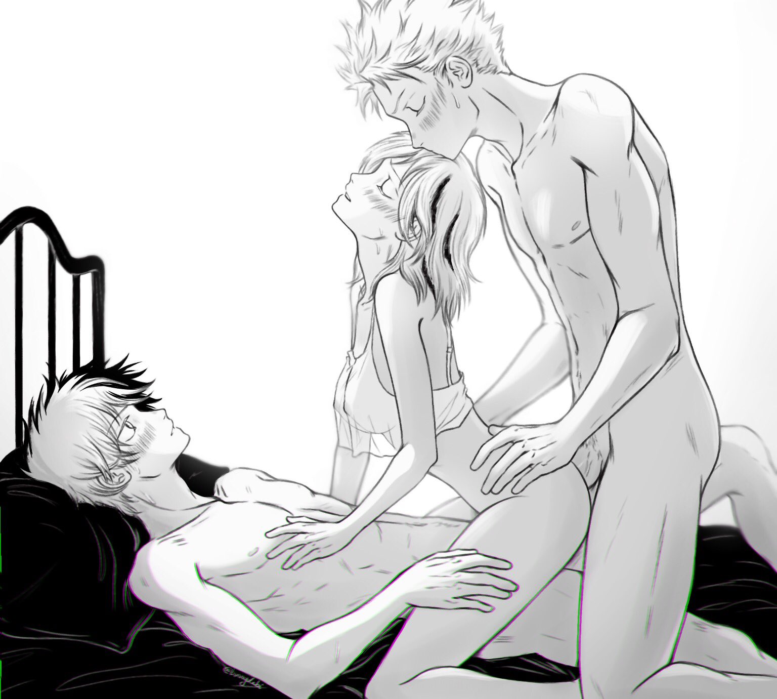 1girl, 2boys, anal, bed, blush, bottomless, breasts, brother penetrating sister, brothers, brothers and sister, bunnydabi, closed eyes, completely nude, cowgirl position, double penetration, fuyumi todoroki, greyscale, group sex, hetero, incest, kiss, lying, mmf threesome, monochrome, multicolored hair, multiple boys, my hero academia, natsuo todoroki, nipples, nude, older sister younger brother, on back, on bed, penis, pillow, sex, short hair, shouto todoroki, sister, spiked hair, straddling, threesome, todoroki fuyumi, todoroki natsuo, todoroki shouto, two-tone hair