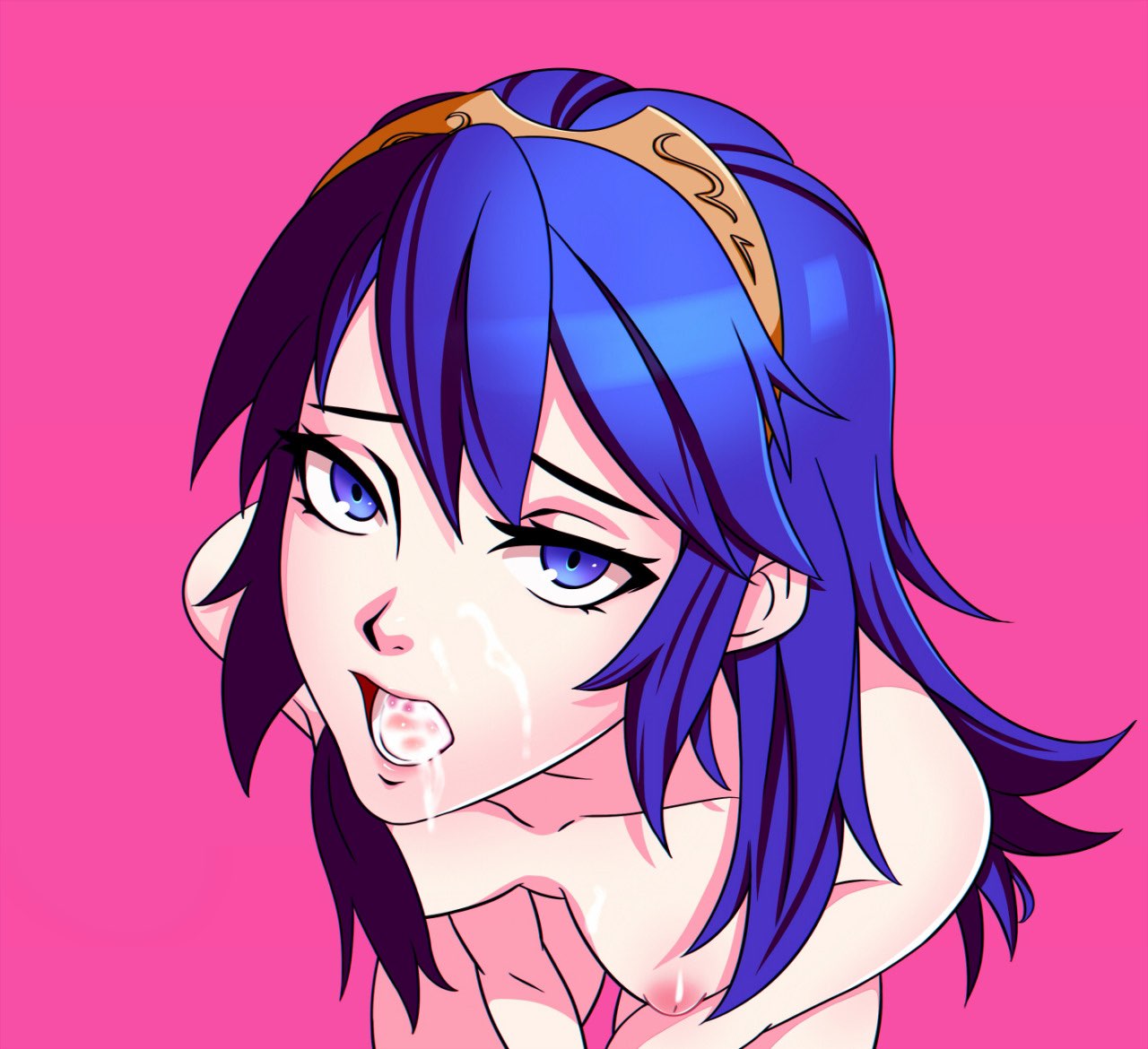 1girls, blue eyes, blue hair, breasts, cum, cum in mouth, cum on breasts, cum on face, facial, female, fire emblem, fire emblem awakening, keiboxy, long hair, lucina (fire emblem), nintendo, nude, nude female, simple background, small breasts, solo, solo female, tiara, uncensored