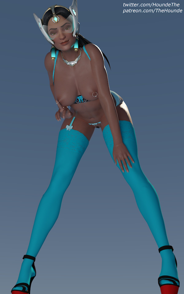 1girls, 3d, black hair, blizzard entertainment, blue lingerie, blue-tinted eyewear, breasts, dark skin, dark-skinned female, earrings, female, garter belt, garter straps, high heels, indian, lingerie, long hair, looking at viewer, nipple piercing, nipples, no bra, no panties, overwatch, piercing, pubic hair, smiling, smiling at viewer, solo, solo female, symmetra, thehounde, tinted eyewear, video games, visor