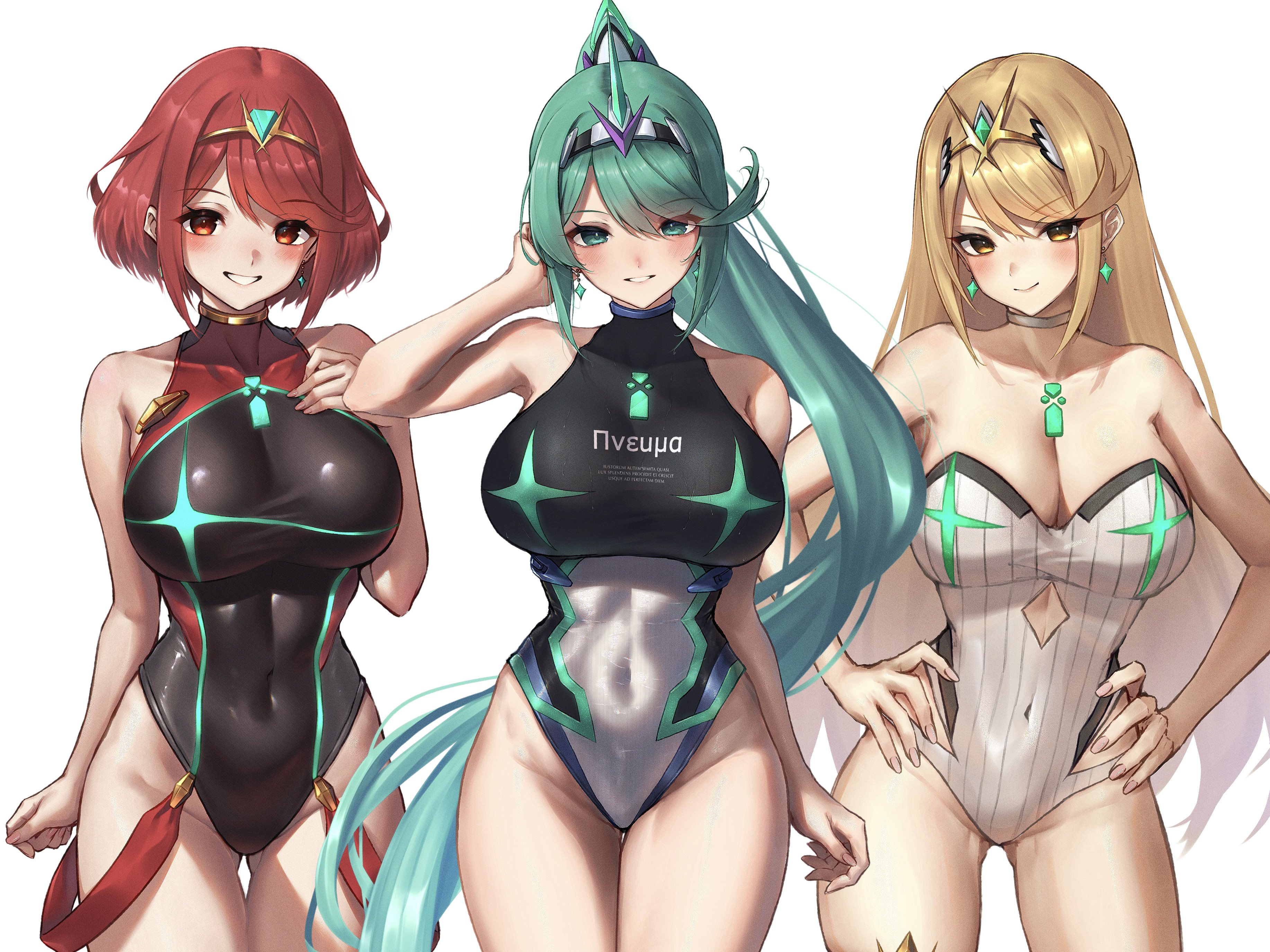 3girls, absurdres, alternate costume, aqua eyes, aqua hair, big breasts, black one-piece swimsuit, blonde hair, breasts, chest jewel, closed mouth, commentary request, core crystal (xenoblade), covered navel, cowboy shot, earrings, gem, green gem, grin, hakusai (hksicabb), hand in own hair, hand on own chest, hands on own hips, high ponytail, highres, jewelry, large breasts, long hair, looking at viewer, multiple girls, mythra, mythra (radiant beach) (xenoblade), mythra (xenoblade), nintendo, official alternate costume, one-piece swimsuit, pneuma, pneuma (xenoblade), ponytail, pyra, pyra (pro swimmer) (xenoblade), pyra (xenoblade), red eyes, red hair, short hair, simple background, smile, strapless, strapless one-piece swimsuit, swept bangs, swimsuit, tiara, very long hair, white background, white one-piece swimsuit, xenoblade (series), xenoblade chronicles (series), xenoblade chronicles 2, yellow eyes