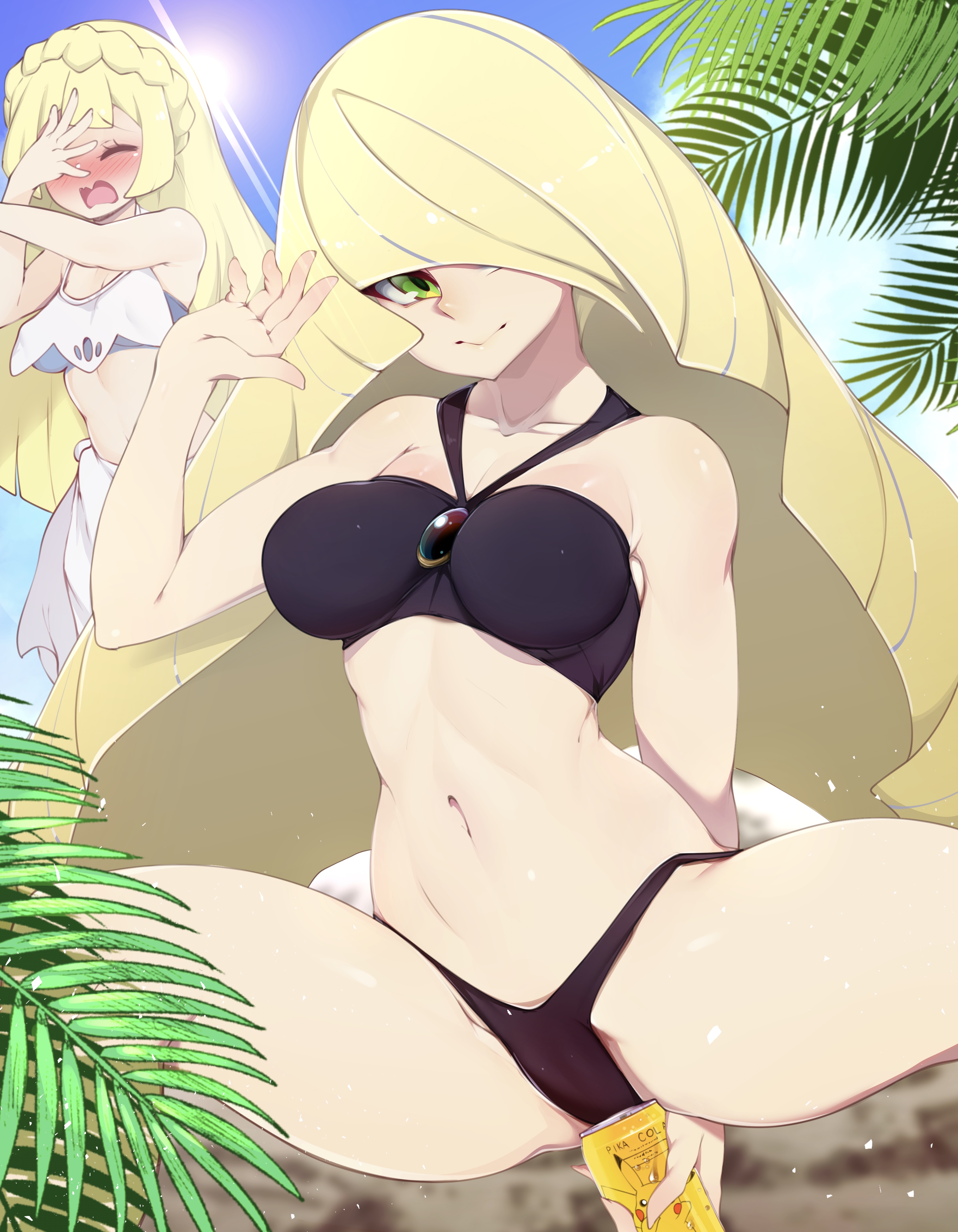 2girls, bikini, blonde hair, blush, bra, breasts, closed eyes, female, female only, green eyes, light skin, light-skinned female, lillie (pokemon), lusamine (pokemon), mature female, milf, mother, mother and daughter, nintendo, pale skin, pale-skinned female, panties, pokemon, pokemon sm, slugbox, smile, spread legs, swimsuit, thick thighs, thighs, young