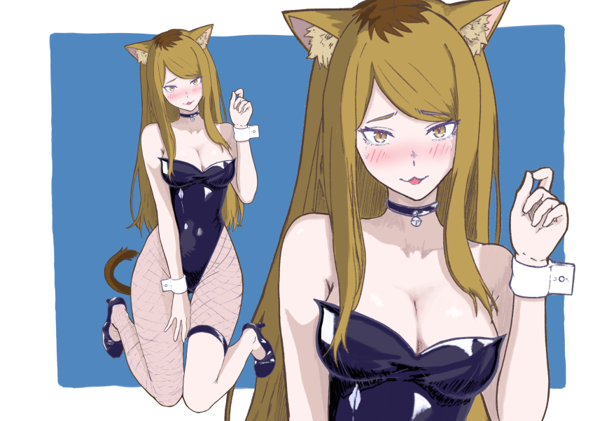 :3, 1girl, absurdres, animal ear fluff, animal ears, bare shoulders, bell, black choker, black hair, black leotard, black shoes, breasts, brown hair, cat ears, cat girl, cat tail, choker, cleavage, commentary request, embarrassed, fishnet pantyhose, fishnets, high heels, highres, kansai neko (yani neko), leotard, long hair, medium breasts, multicolored hair, neck bell, nishi kaoruko, parted lips, shoes, smile, strapless, strapless leotard, swept bangs, tail, very long hair, white leotard, wrist cuffs, yani neko