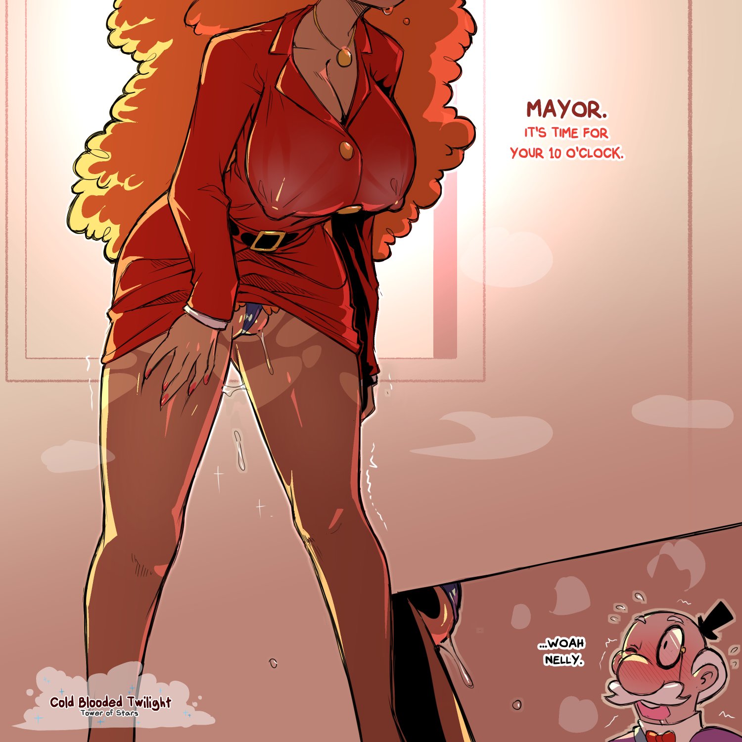 big breasts, business attire, business suit, clothed female, cold-blooded-twilight, powerpuff girls, sara bellum, shaking, speech, text, trembling, trembling legs, wet pussy